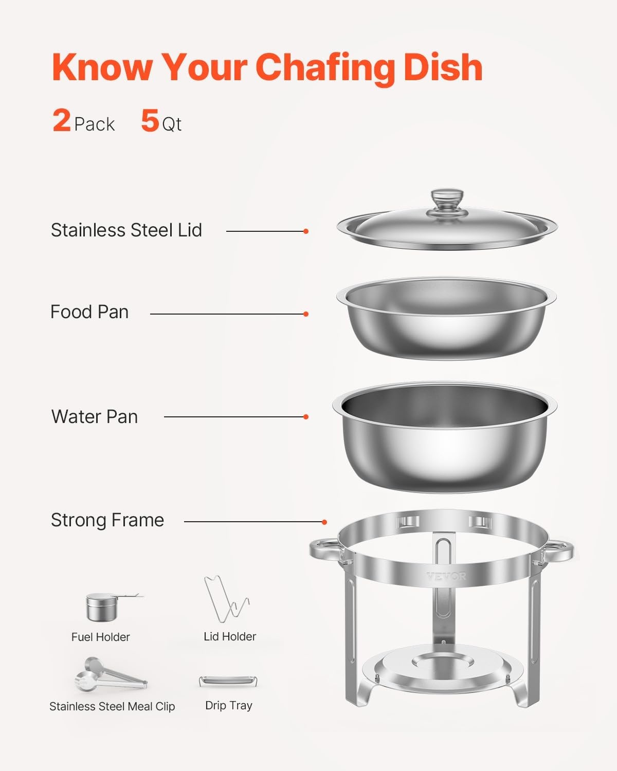image:imageVEVOR Chafing Dish Buffet Set 5 Qt 4 Pack Stainless Steel Chafer with 4 Full Size Pans Round Catering Warmer Server with Lid Water Pan Folding Stand Clip for Weddings Parties Banquets SilverSilver