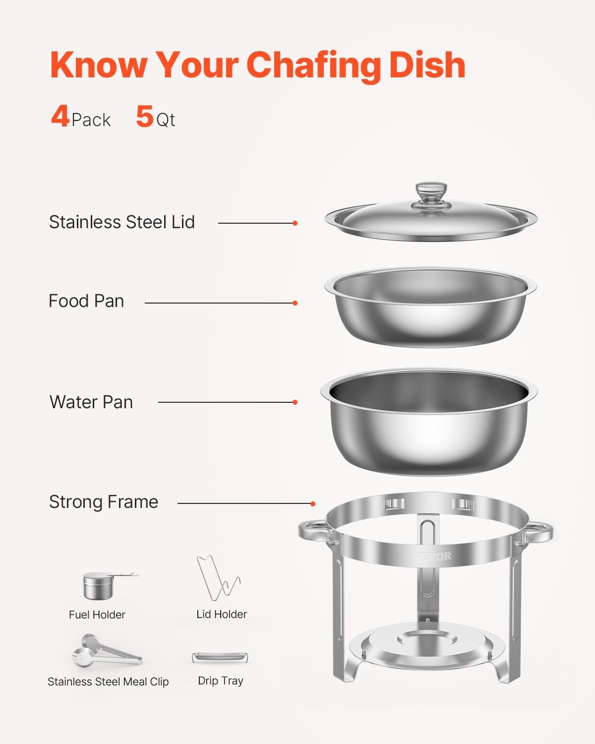 image:imageVEVOR Chafing Dish Buffet Set 5 Qt 4 Pack Stainless Steel Chafer with 4 Full Size Pans Round Catering Warmer Server with Lid Water Pan Folding Stand Clip for Weddings Parties Banquets SilverSilver