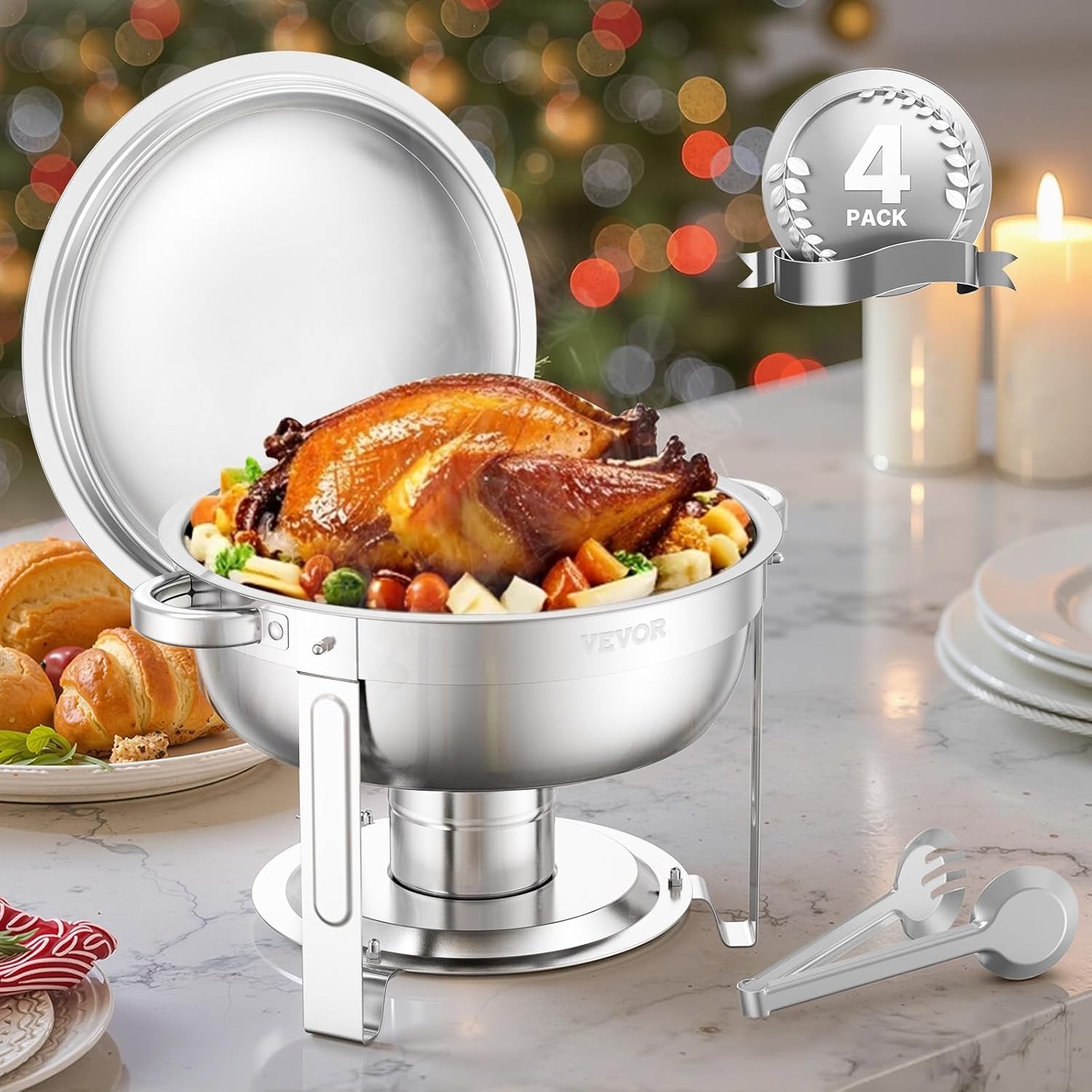 image:imageVEVOR Chafing Dish Buffet Set 5 Qt 4 Pack Stainless Steel Chafer with 4 Full Size Pans Round Catering Warmer Server with Lid Water Pan Folding Stand Clip for Weddings Parties Banquets SilverSilver