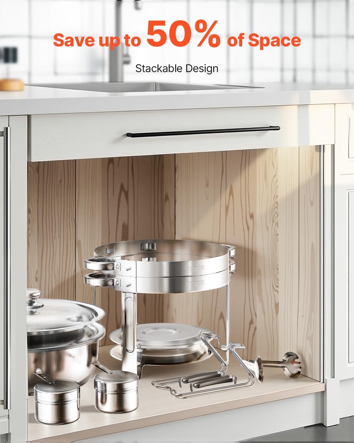image:imageVEVOR Chafing Dish Buffet Set 5 Qt 4 Pack Stainless Steel Chafer with 4 Full Size Pans Round Catering Warmer Server with Lid Water Pan Folding Stand Clip for Weddings Parties Banquets SilverSilver