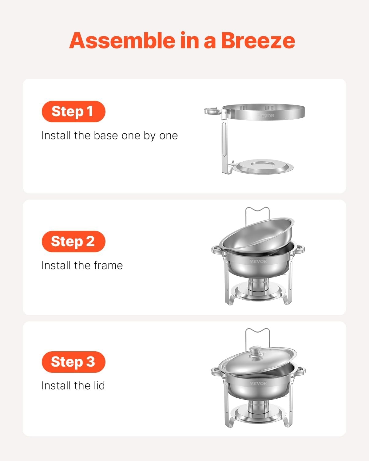image:imageVEVOR Chafing Dish Buffet Set 5 Qt 4 Pack Stainless Steel Chafer with 4 Full Size Pans Round Catering Warmer Server with Lid Water Pan Folding Stand Clip for Weddings Parties Banquets SilverSilver