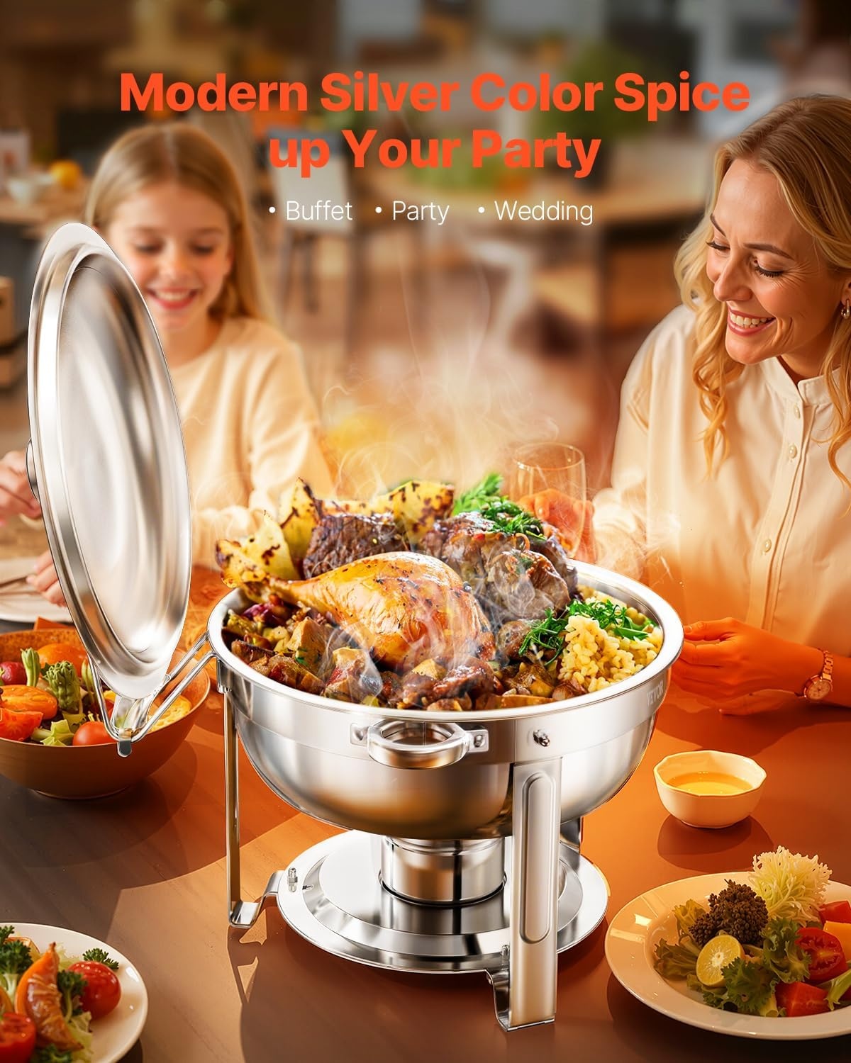 image:imageVEVOR Chafing Dish Buffet Set 5 Qt 4 Pack Stainless Steel Chafer with 4 Full Size Pans Round Catering Warmer Server with Lid Water Pan Folding Stand Clip for Weddings Parties Banquets SilverSilver