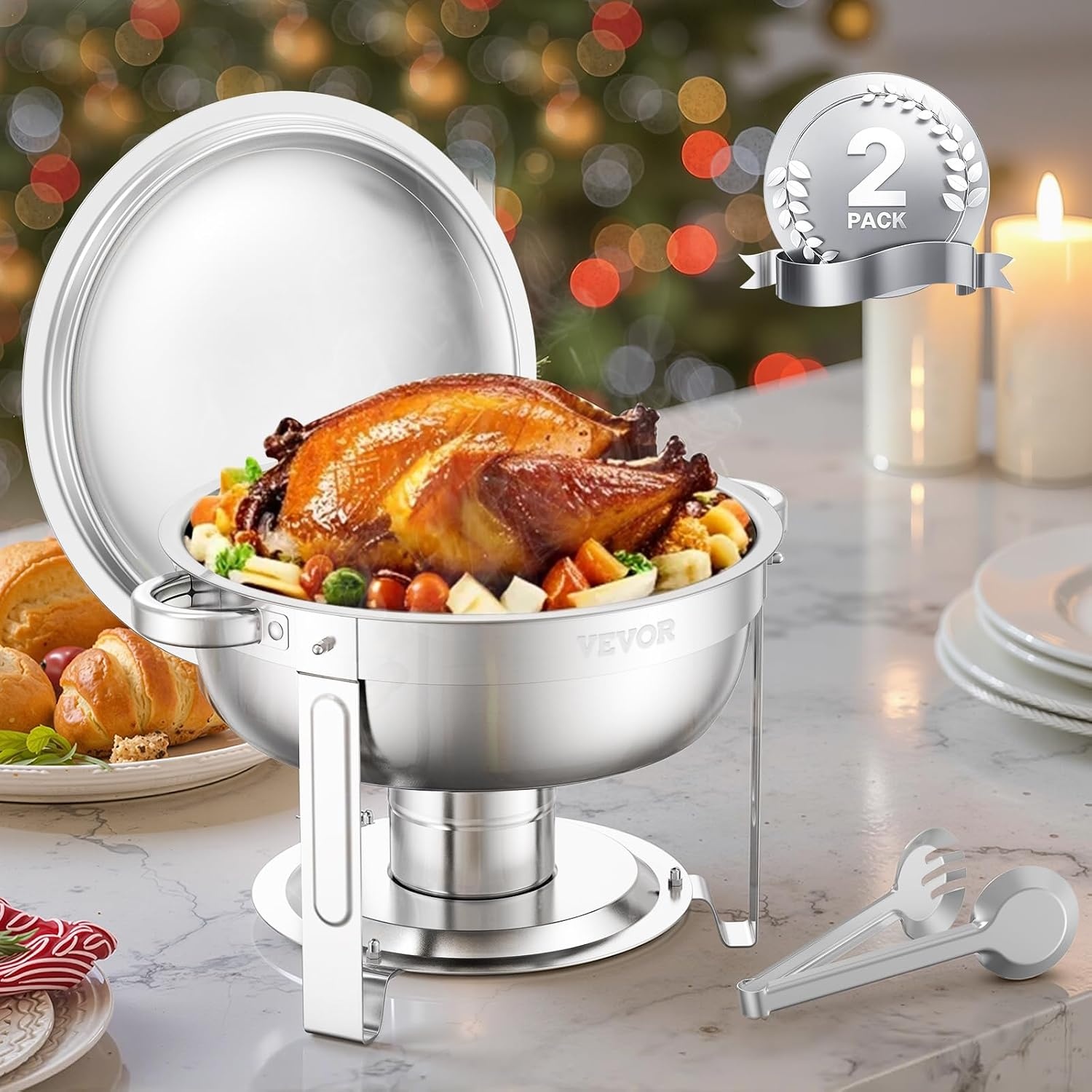 image:imageVEVOR Chafing Dish Buffet Set 5 Qt 4 Pack Stainless Steel Chafer with 4 Full Size Pans Round Catering Warmer Server with Lid Water Pan Folding Stand Clip for Weddings Parties Banquets SilverSilver