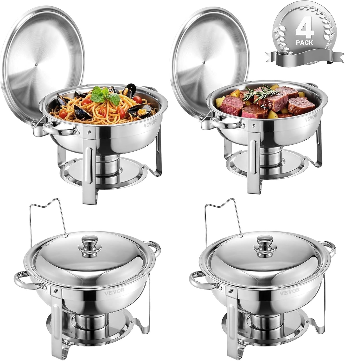 image:imageVEVOR Chafing Dish Buffet Set 5 Qt 4 Pack Stainless Steel Chafer with 4 Full Size Pans Round Catering Warmer Server with Lid Water Pan Folding Stand Clip for Weddings Parties Banquets SilverSilver