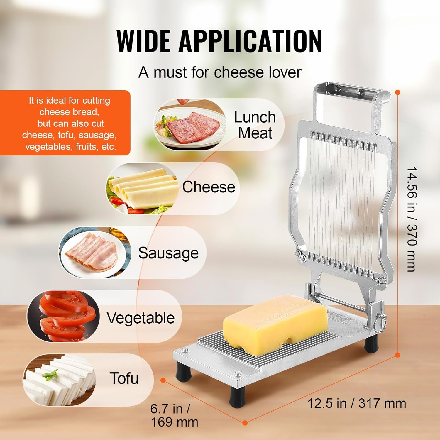 image:imageVEVOR Cheese Slicer Butter Cutter with 02 UltraThin Cheeser Butter Cutting Blade Detachable Cheese Slicer Wire Aluminum Alloy Commercial Cheese Cutter with 316 Stainless Steel Knife Wire02