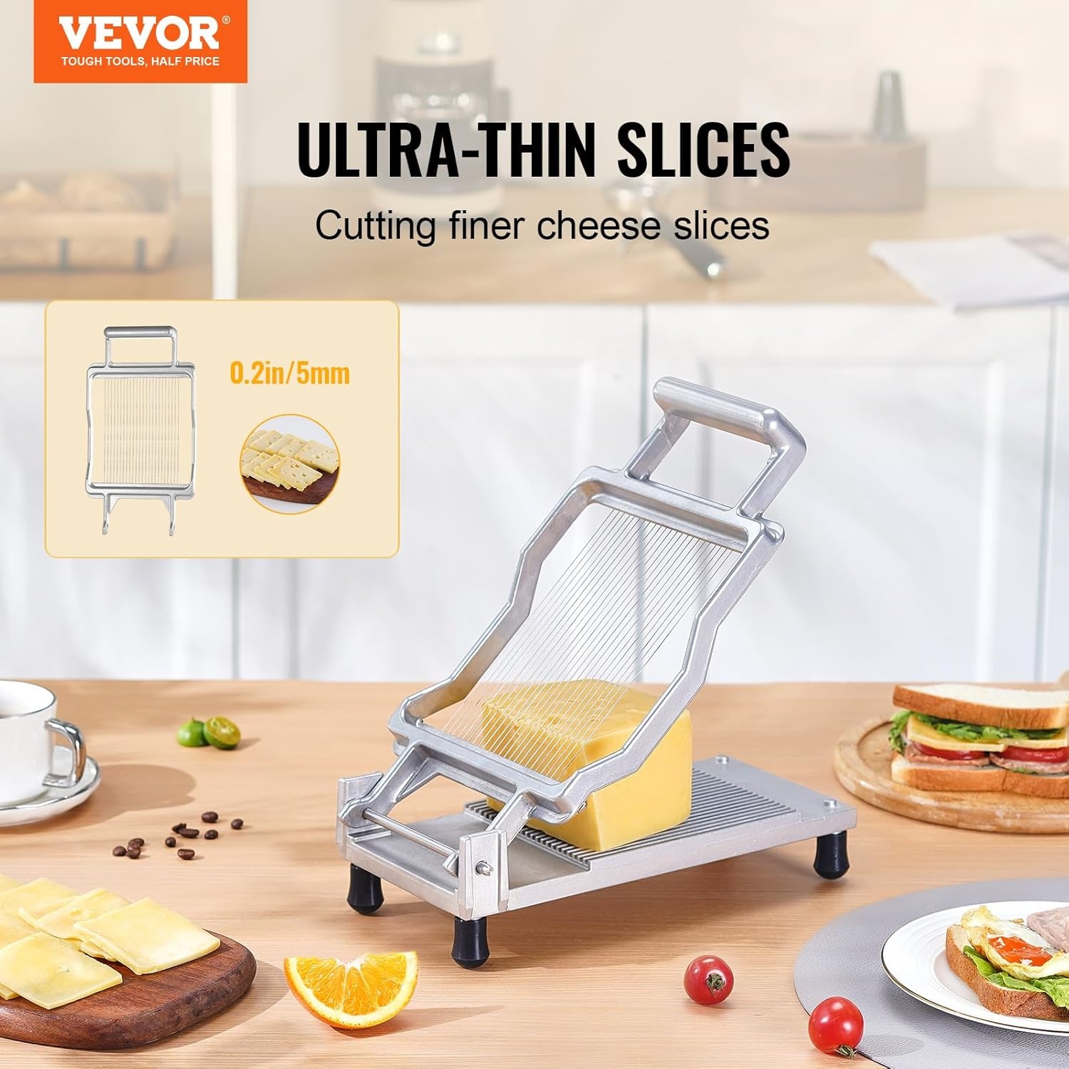 image:imageVEVOR Cheese Slicer Butter Cutter with 02 UltraThin Cheeser Butter Cutting Blade Detachable Cheese Slicer Wire Aluminum Alloy Commercial Cheese Cutter with 316 Stainless Steel Knife Wire02