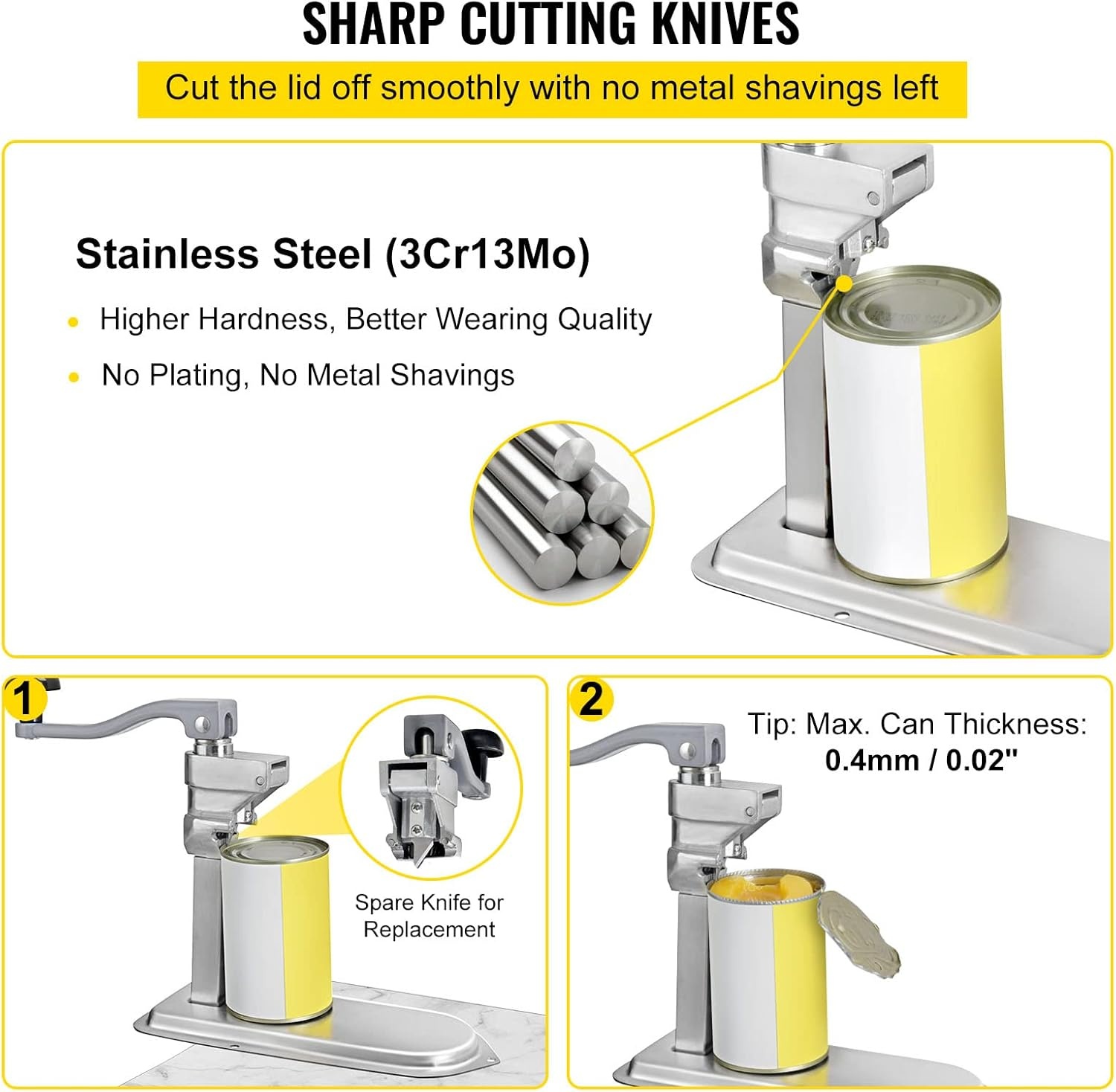 image:imageVEVOR Commercial Can Opener 18948cm Long Stainless Steel Manual Table Can Opener for Up to 11830cm Tall Fixed with Clamp or Screws Ergonomic Swing Handle amp One Spare Knife for Restaurants