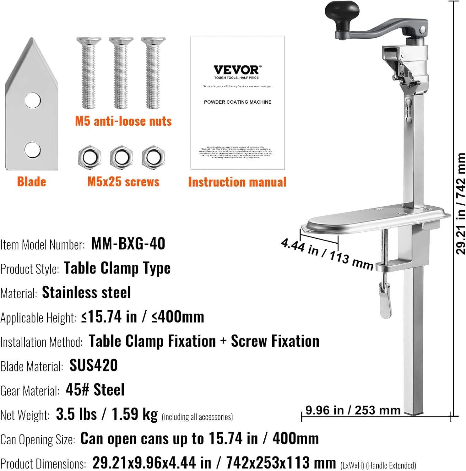 image:imageVEVOR Commercial Can Opener HeavyDuty Manual Tabletop Cans Opener for Cans Up to 118 in Height HeightAdjustable Professional Can Openers Fixed with Screws for Restaurant Hotel and Food Store23 in cans up to 157 in