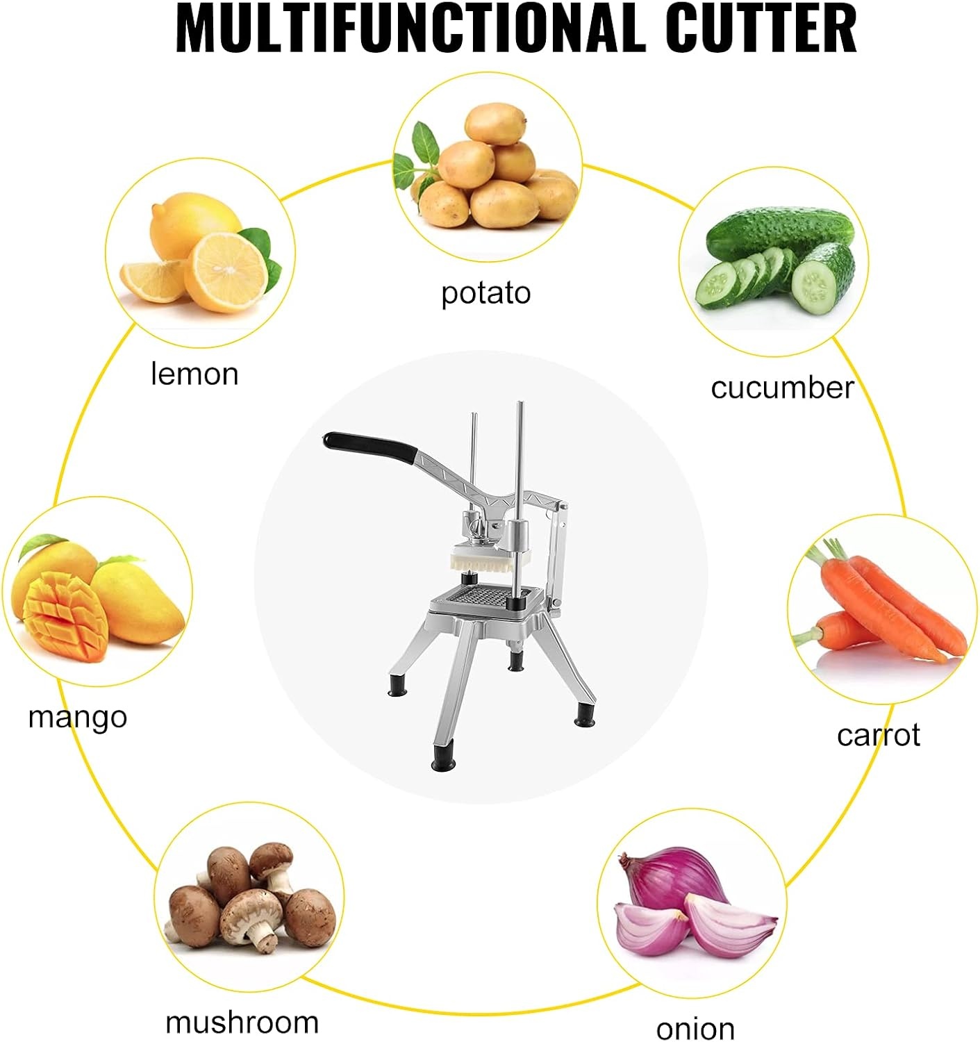 image:imageVEVOR Commercial Chopper with 4 Replacement Blades Commercial Vegetable Chopper Stainless Steel French Fry Cutter Potato Dicer amp Slicer Commercial Vegetable Fruit Chopper for Restaurants amp Home Kitche866 x 866 x 1969