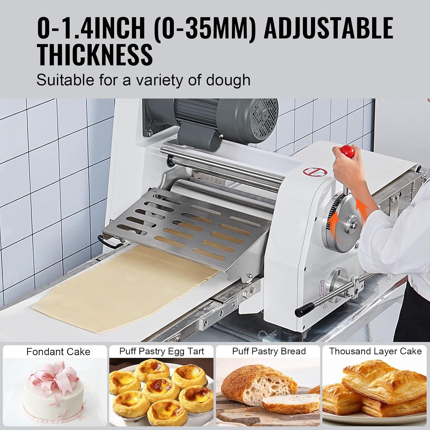 image:imageVEVOR Commercial Dough Sheeter Machine 197Inch Reversible Puff Pastry Sheeter and Fondant Roller Electric Dough Roller 014 Adjustable Thickness Folding Dough Sheeter for Bakeries Pastries197 inch