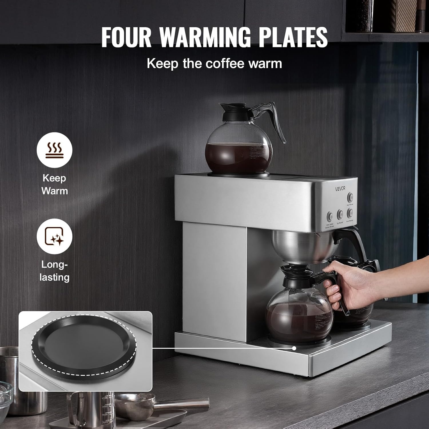 image:imageVEVOR Commercial Drip Coffee Maker 12 Cups CoffeeMaker Machine with 4 Glass Carafes and 4 Decanter Warmer Plates Stainless Steel Drip Style Coffee Brewer for Restaurant Office Coffee Shop amp Home4 Warmer Plates