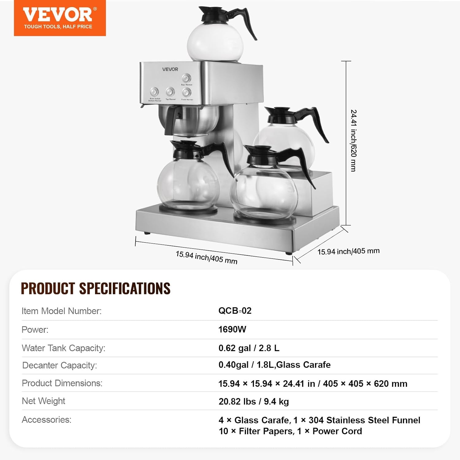 image:imageVEVOR Commercial Drip Coffee Maker 12 Cups CoffeeMaker Machine with 4 Glass Carafes and 4 Decanter Warmer Plates Stainless Steel Drip Style Coffee Brewer for Restaurant Office Coffee Shop amp Home4 Warmer Plates
