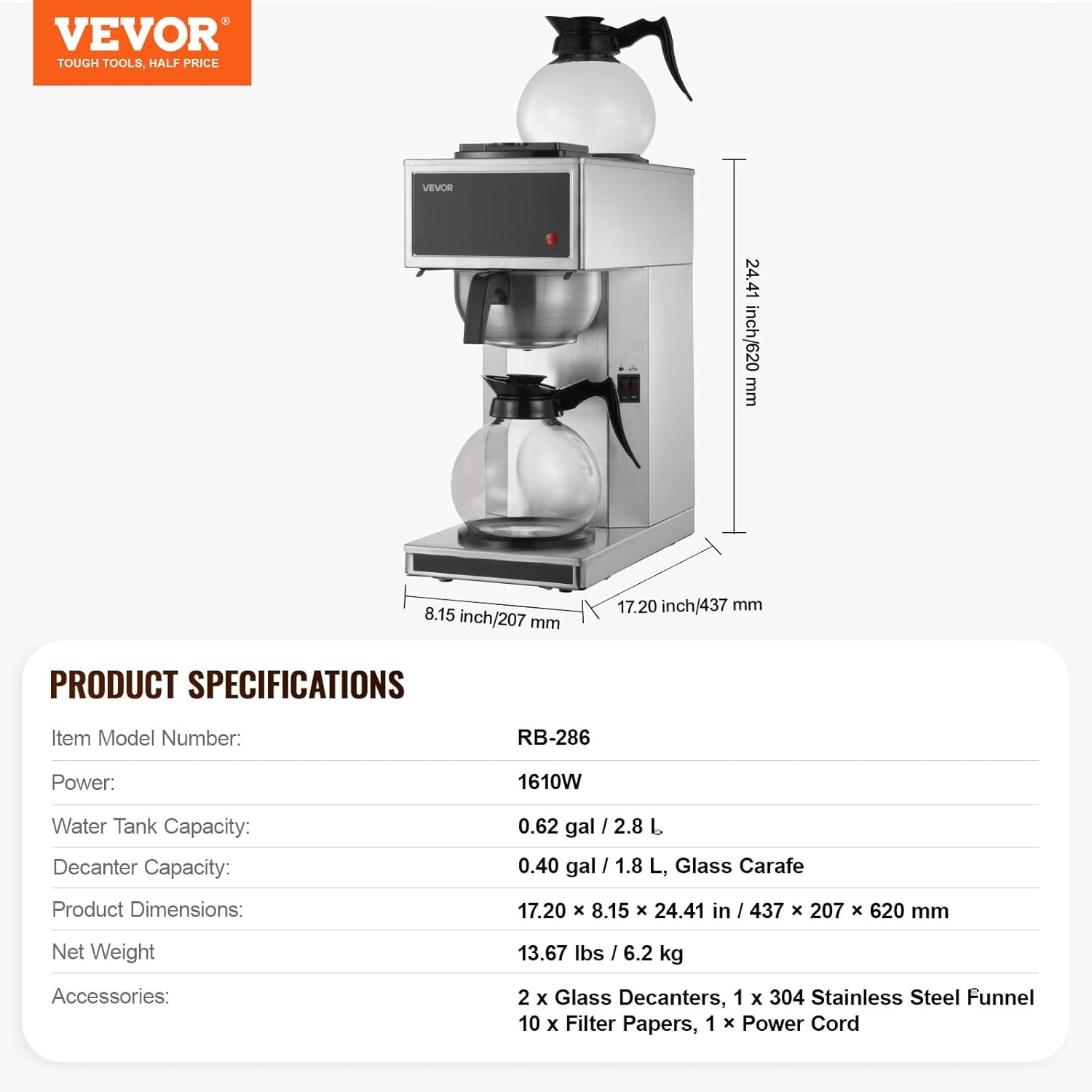 image:imageVEVOR Commercial Drip Coffee Maker 12 Cups CoffeeMaker Machine with 4 Glass Carafes and 4 Decanter Warmer Plates Stainless Steel Drip Style Coffee Brewer for Restaurant Office Coffee Shop amp Home2 Warmer Plates
