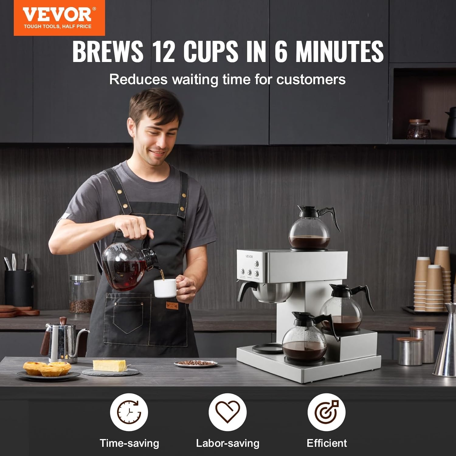 image:imageVEVOR Commercial Drip Coffee Maker 12 Cups CoffeeMaker Machine with 4 Glass Carafes and 4 Decanter Warmer Plates Stainless Steel Drip Style Coffee Brewer for Restaurant Office Coffee Shop amp Home4 Warmer Plates