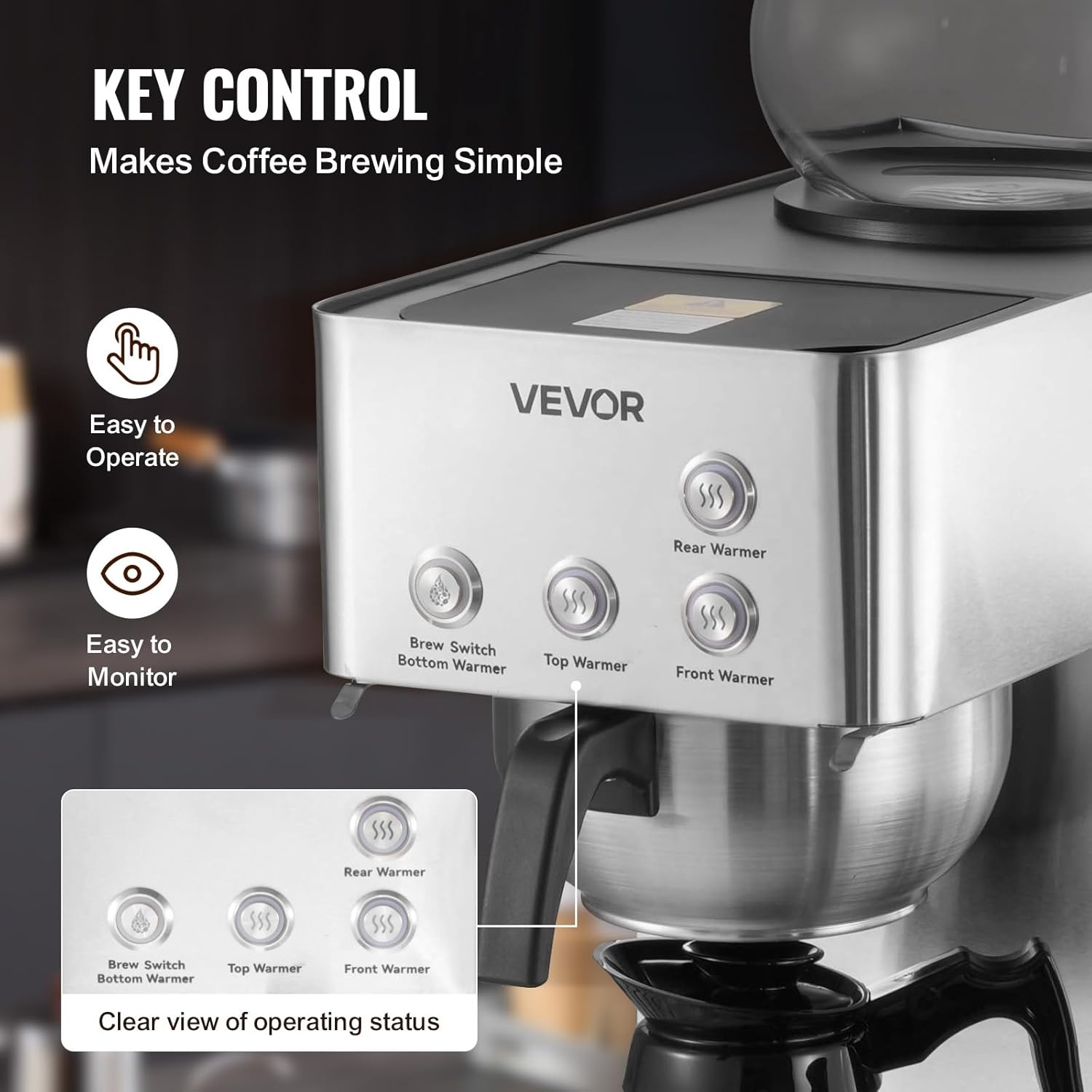image:imageVEVOR Commercial Drip Coffee Maker 12 Cups CoffeeMaker Machine with 4 Glass Carafes and 4 Decanter Warmer Plates Stainless Steel Drip Style Coffee Brewer for Restaurant Office Coffee Shop amp Home4 Warmer Plates