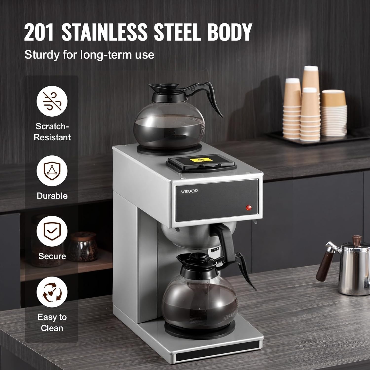 image:imageVEVOR Commercial Drip Coffee Maker 12 Cups CoffeeMaker Machine with 4 Glass Carafes and 4 Decanter Warmer Plates Stainless Steel Drip Style Coffee Brewer for Restaurant Office Coffee Shop amp Home2 Warmer Plates