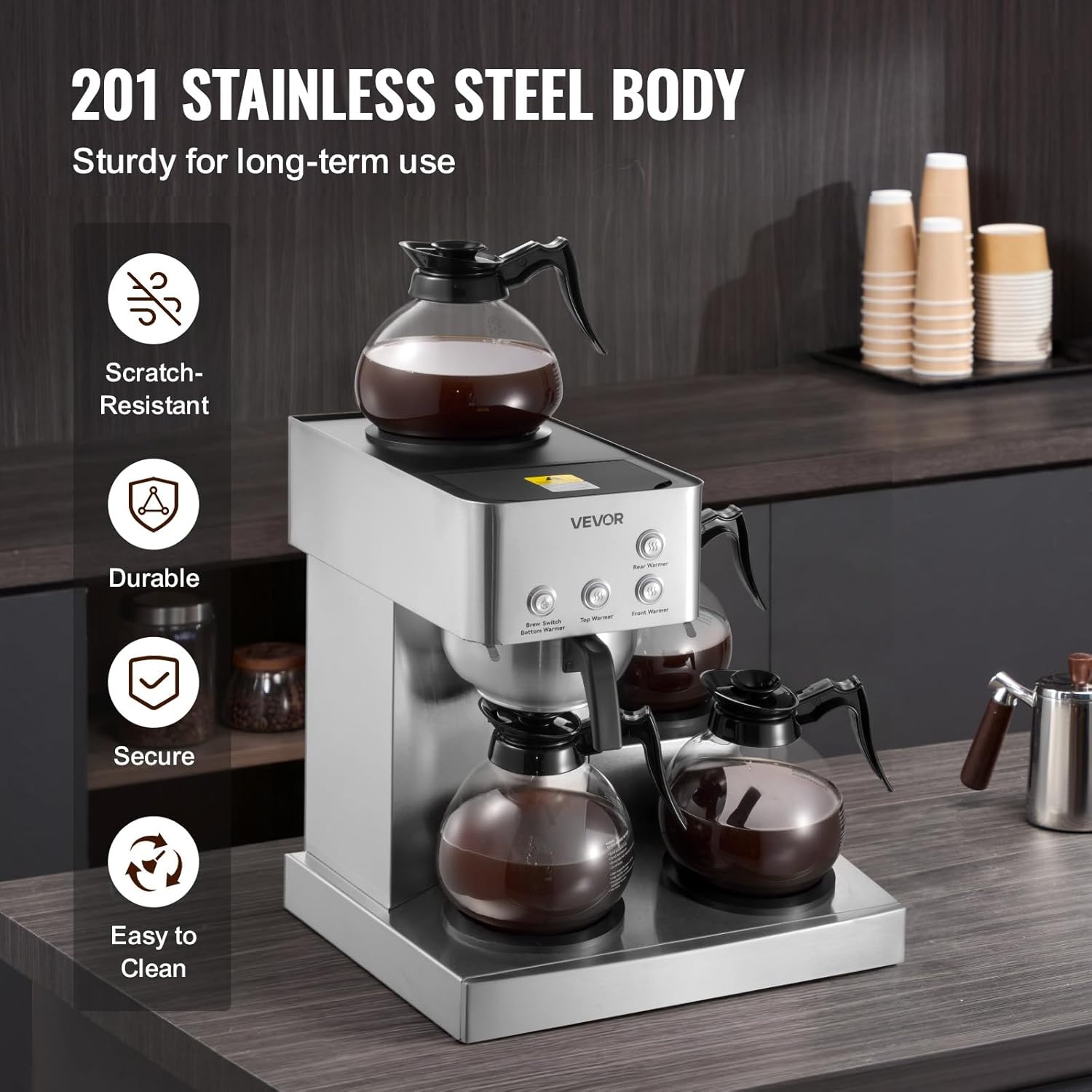image:imageVEVOR Commercial Drip Coffee Maker 12 Cups CoffeeMaker Machine with 4 Glass Carafes and 4 Decanter Warmer Plates Stainless Steel Drip Style Coffee Brewer for Restaurant Office Coffee Shop amp Home4 Warmer Plates
