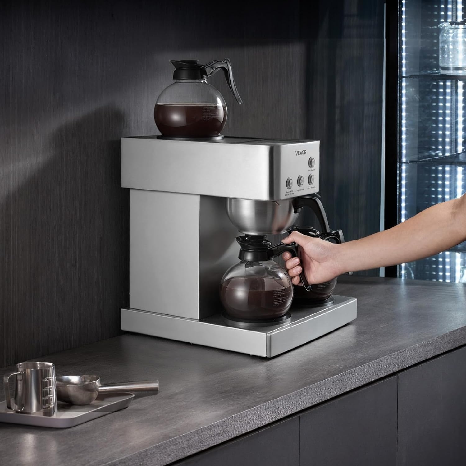image:imageVEVOR Commercial Drip Coffee Maker 12 Cups CoffeeMaker Machine with 4 Glass Carafes and 4 Decanter Warmer Plates Stainless Steel Drip Style Coffee Brewer for Restaurant Office Coffee Shop amp Home4 Warmer Plates