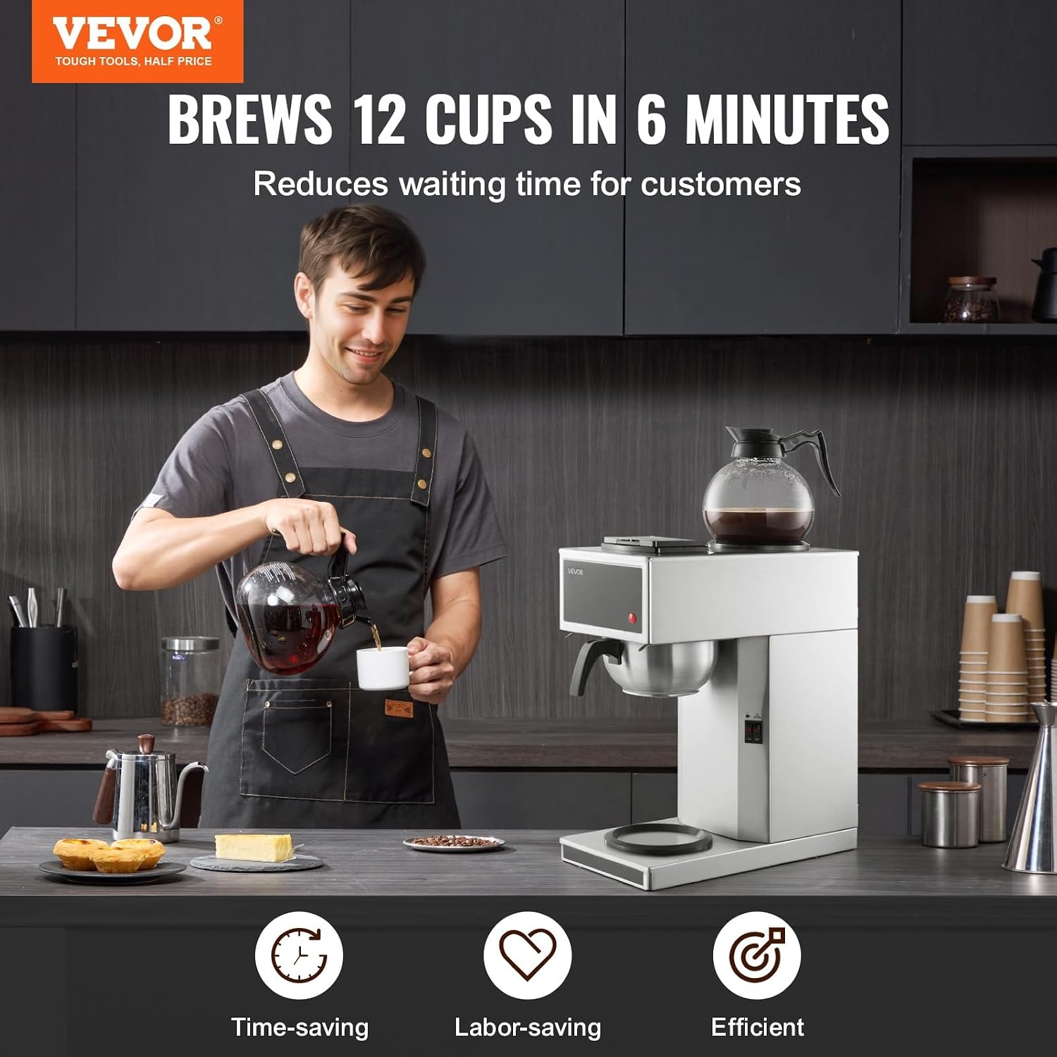 image:imageVEVOR Commercial Drip Coffee Maker 12 Cups CoffeeMaker Machine with 4 Glass Carafes and 4 Decanter Warmer Plates Stainless Steel Drip Style Coffee Brewer for Restaurant Office Coffee Shop amp Home2 Warmer Plates