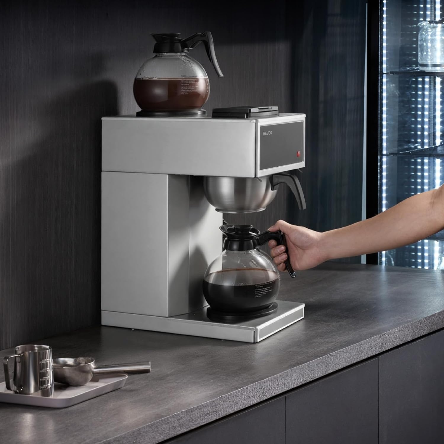image:imageVEVOR Commercial Drip Coffee Maker 12 Cups CoffeeMaker Machine with 4 Glass Carafes and 4 Decanter Warmer Plates Stainless Steel Drip Style Coffee Brewer for Restaurant Office Coffee Shop amp Home2 Warmer Plates