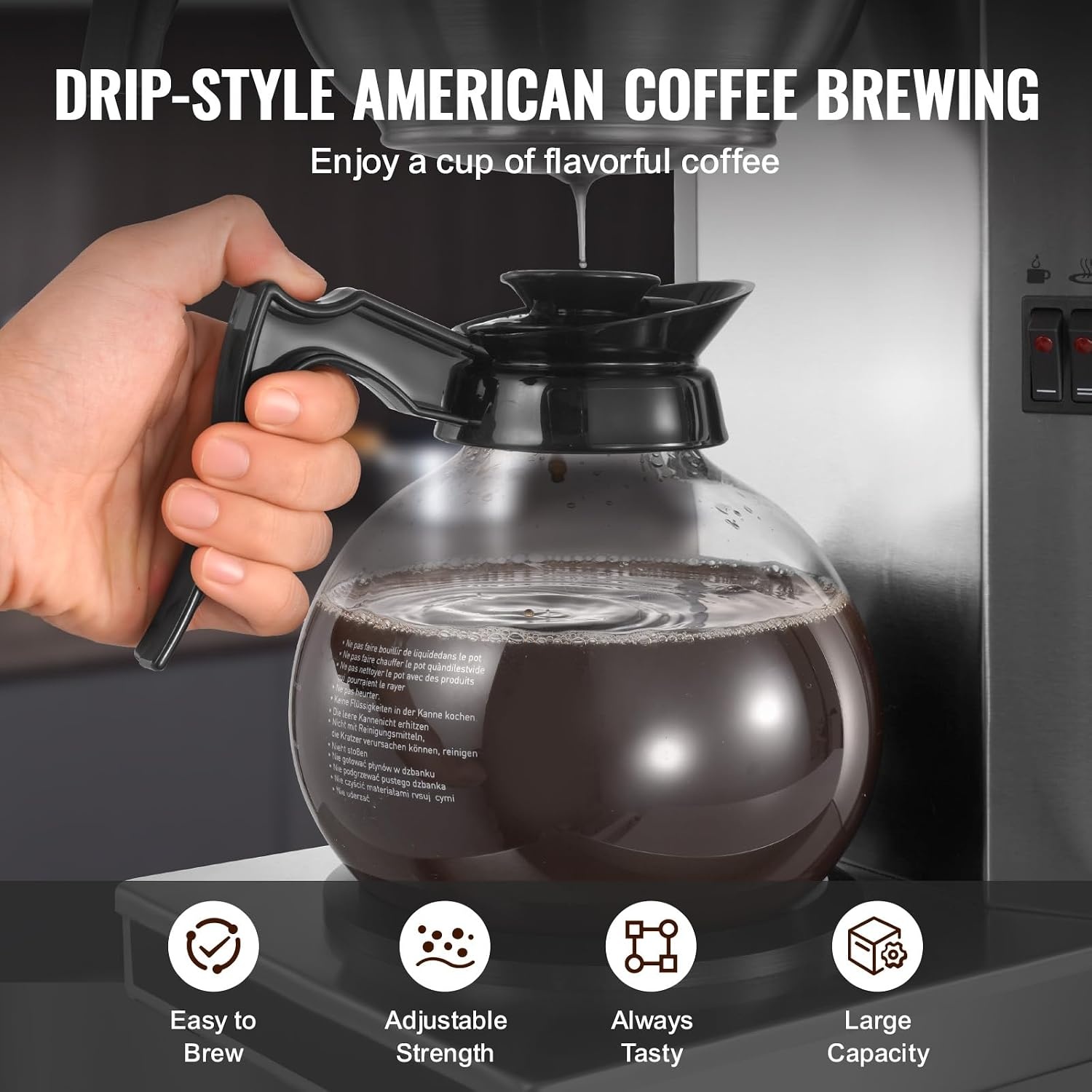image:imageVEVOR Commercial Drip Coffee Maker 12 Cups CoffeeMaker Machine with 4 Glass Carafes and 4 Decanter Warmer Plates Stainless Steel Drip Style Coffee Brewer for Restaurant Office Coffee Shop amp Home2 Warmer Plates