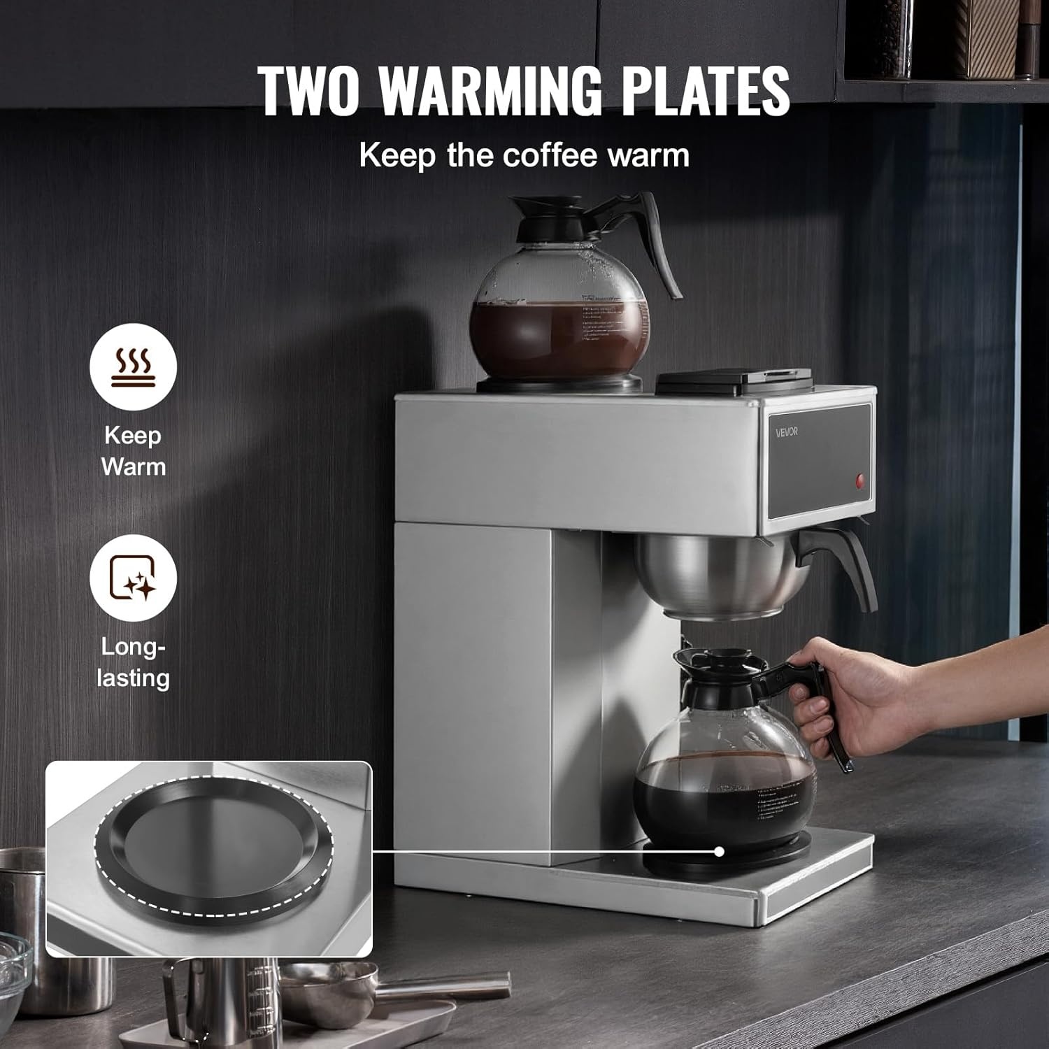 image:imageVEVOR Commercial Drip Coffee Maker 12 Cups CoffeeMaker Machine with 4 Glass Carafes and 4 Decanter Warmer Plates Stainless Steel Drip Style Coffee Brewer for Restaurant Office Coffee Shop amp Home2 Warmer Plates