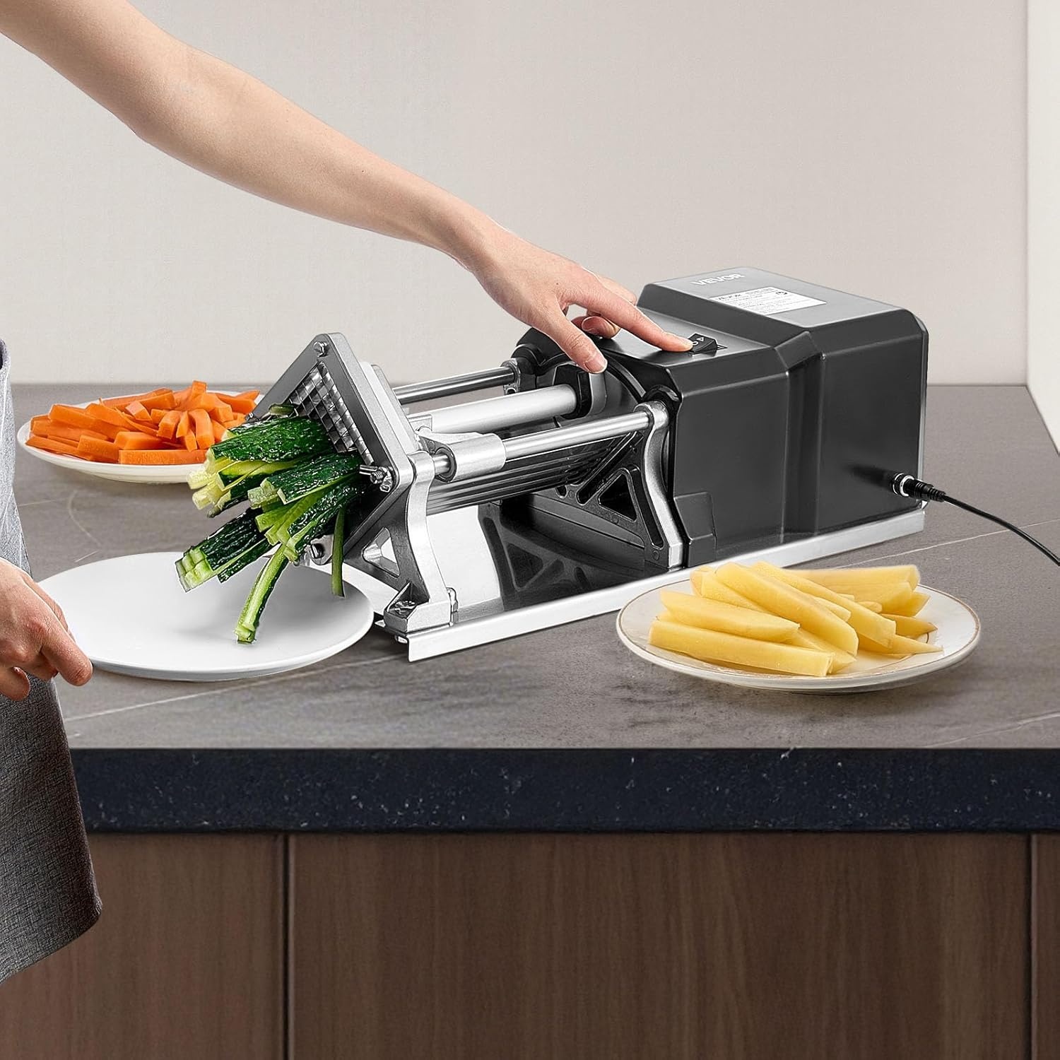 image:imageVEVOR Commercial French Fry Cutter Stainless Steel Vegetable Fruit Chopper with 3 Replacement Blades 12Inch 38Inch 14Inch Electric Potato Slicer Dicer for Restaurants amp Home Kitchen12 Inch 38 Inch 14 Inch