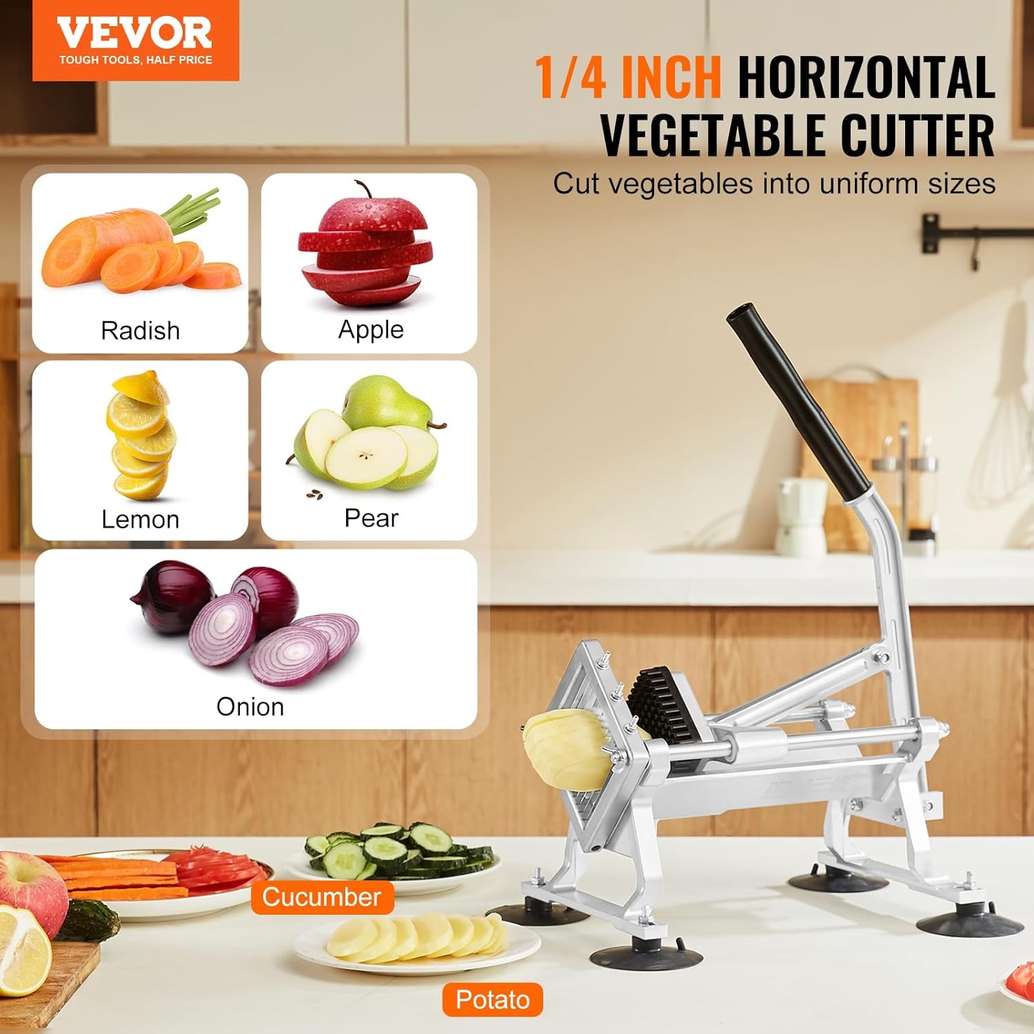 image:imageVEVOR Commercial Vegetable Slicer 38 and 316 Tomato Slicer Stainless Steel and Aluminum Alloy Vegetable Cutter Slicer Manual Tomato Slicer with Nonslip Feet for Tomatoes Potatoes Onions14