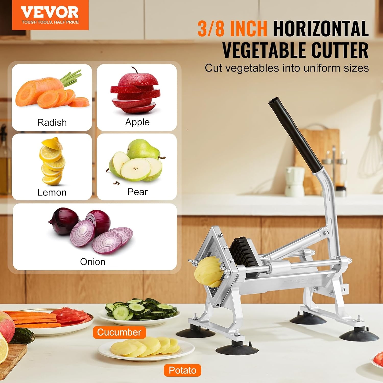 image:imageVEVOR Commercial Vegetable Slicer 38 and 316 Tomato Slicer Stainless Steel and Aluminum Alloy Vegetable Cutter Slicer Manual Tomato Slicer with Nonslip Feet for Tomatoes Potatoes Onions38
