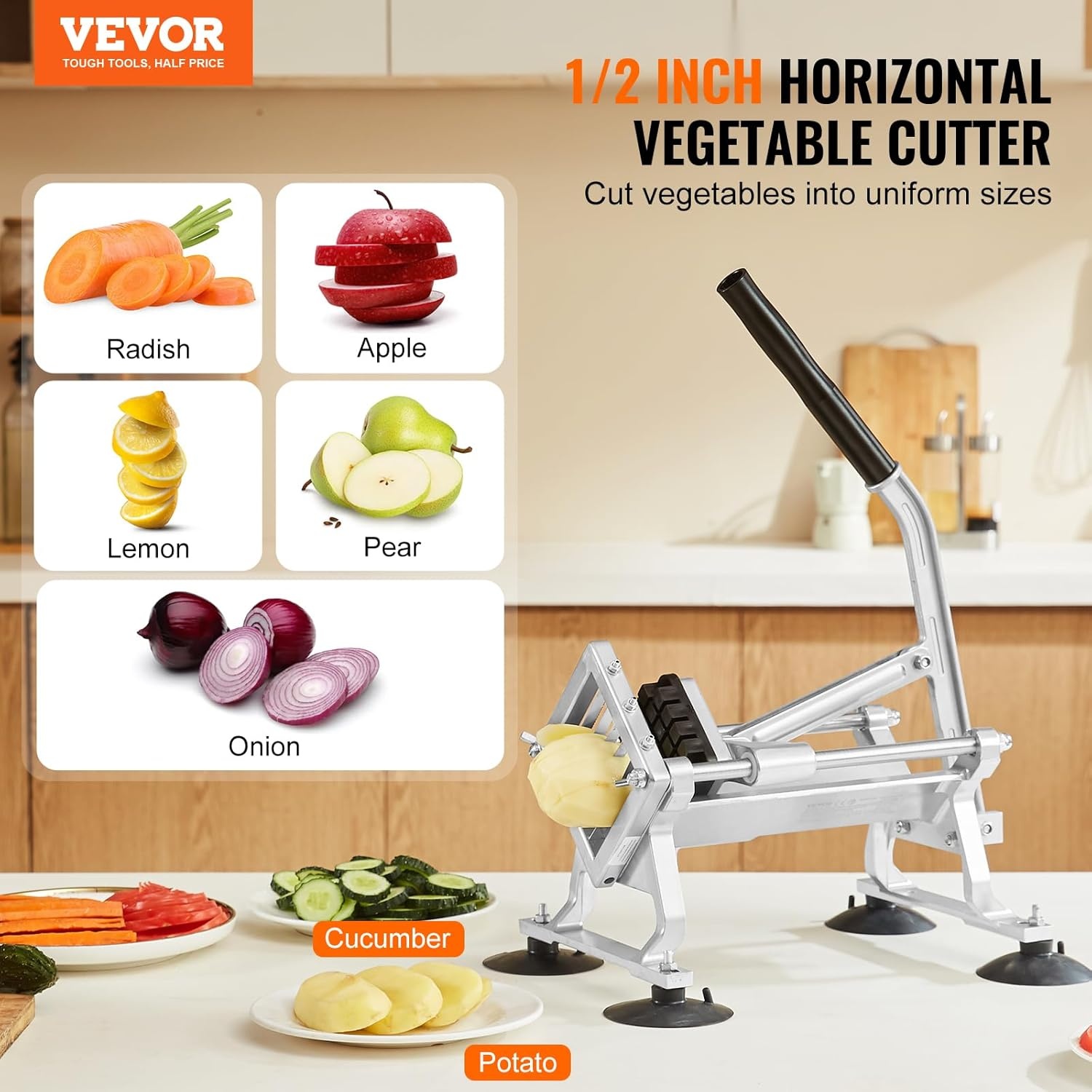 image:imageVEVOR Commercial Vegetable Slicer 38 and 316 Tomato Slicer Stainless Steel and Aluminum Alloy Vegetable Cutter Slicer Manual Tomato Slicer with Nonslip Feet for Tomatoes Potatoes Onions12