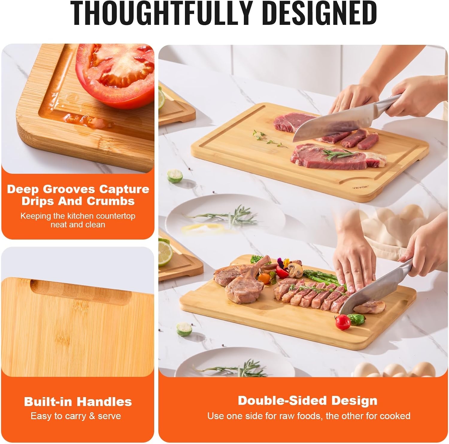 image:imageVEVOR Cutting Board 3 Pieces Premium Versatile Bamboo Cutting Board FoodGrade Oil and Juice GrooveSturdy Durable Chopping Board Builtin Handle Wooden for Display Chopping Serving