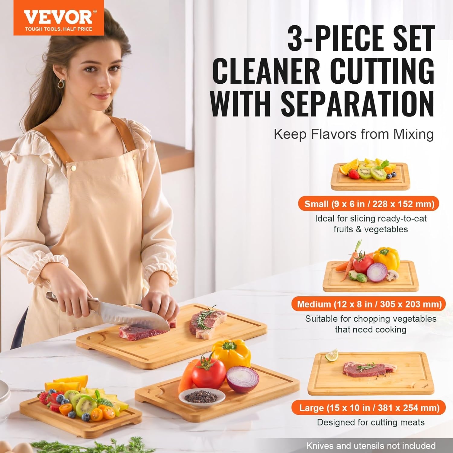 image:imageVEVOR Cutting Board 3 Pieces Premium Versatile Bamboo Cutting Board FoodGrade Oil and Juice GrooveSturdy Durable Chopping Board Builtin Handle Wooden for Display Chopping Serving