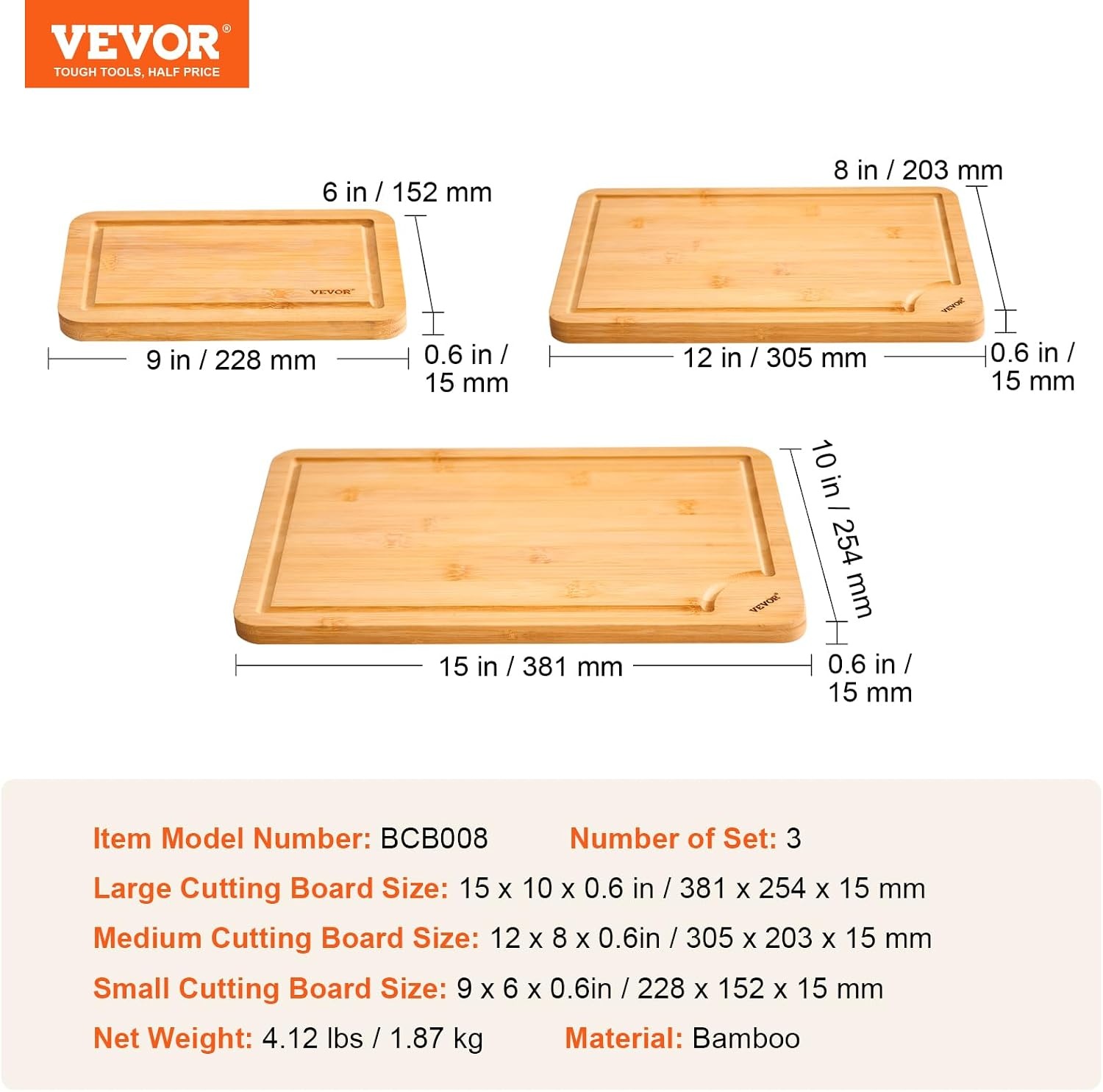 image:imageVEVOR Cutting Board 3 Pieces Premium Versatile Bamboo Cutting Board FoodGrade Oil and Juice GrooveSturdy Durable Chopping Board Builtin Handle Wooden for Display Chopping Serving