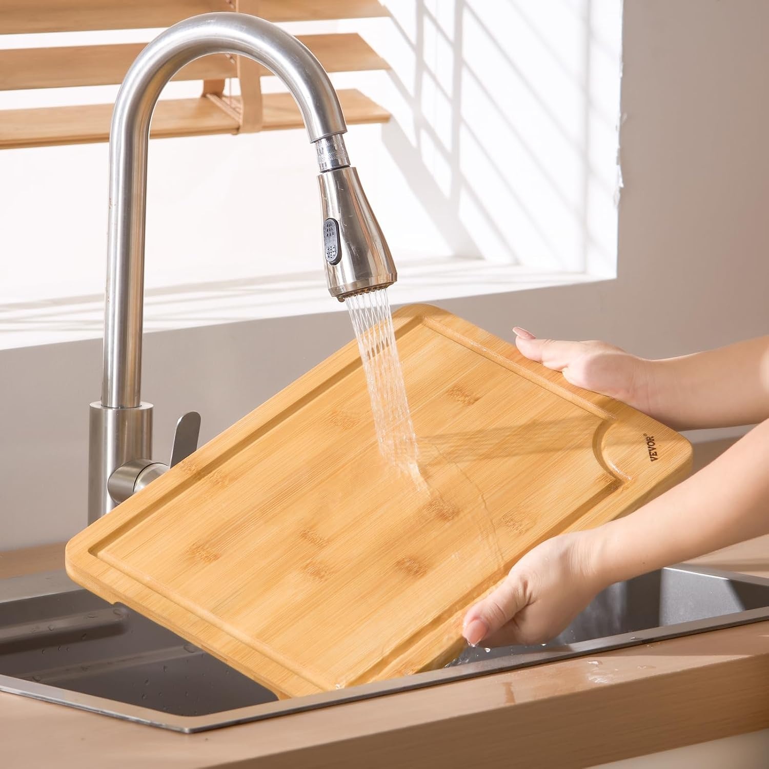 image:imageVEVOR Cutting Board 3 Pieces Premium Versatile Bamboo Cutting Board FoodGrade Oil and Juice GrooveSturdy Durable Chopping Board Builtin Handle Wooden for Display Chopping Serving