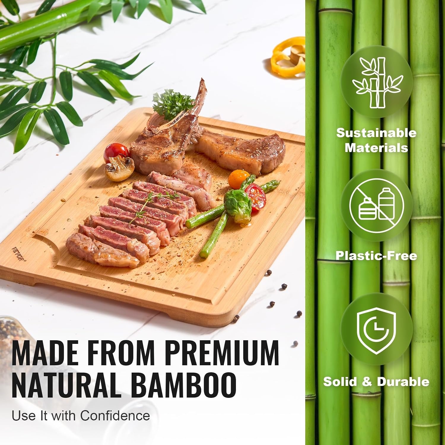 image:imageVEVOR Cutting Board 3 Pieces Premium Versatile Bamboo Cutting Board FoodGrade Oil and Juice GrooveSturdy Durable Chopping Board Builtin Handle Wooden for Display Chopping Serving