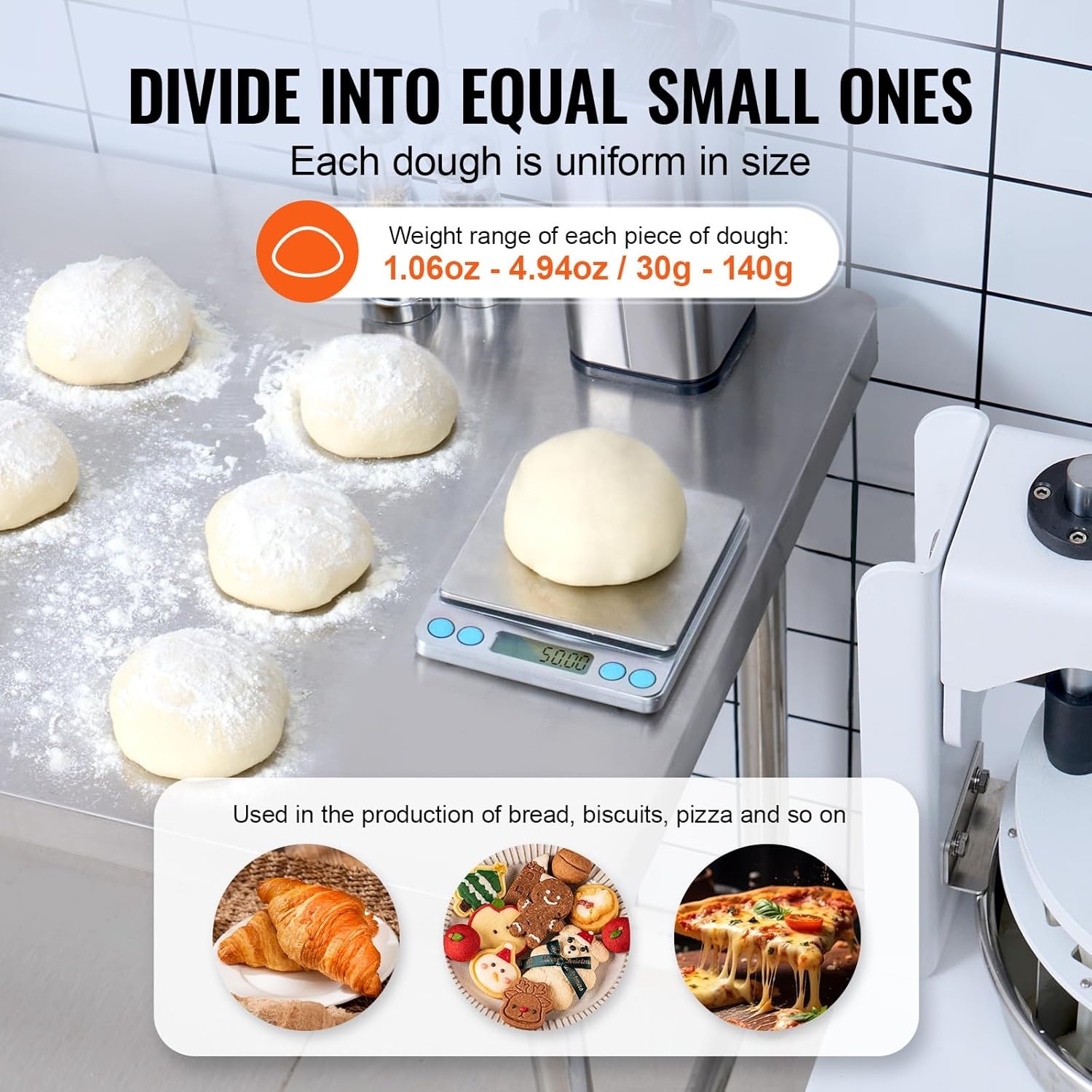 image:imageVEVOR Dough Divider40PCS Manual Dough Divider Cutter106oz 494oz Dough Press Dough Cutting with 304 Stainless Steel Tray and BladePastry Divider for BakeryRestaurantCommercial Food Preparation40PCSManual