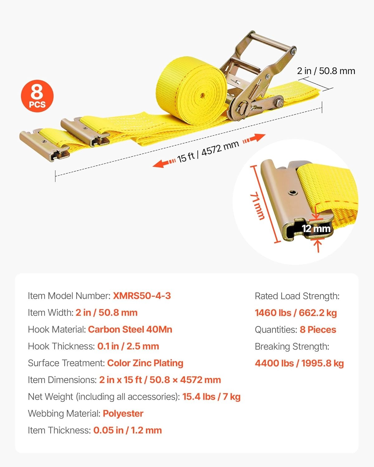 image:imageVEVOR ETrack Ratchet Straps 8 Pack 2 x 15 Heavy Duty Cargo TieDowns 4400 lbs Breaking Strength Standard E Track Fitting Tie Down ETrack Spring Fittings for Cargo Vans Trucks Trailers