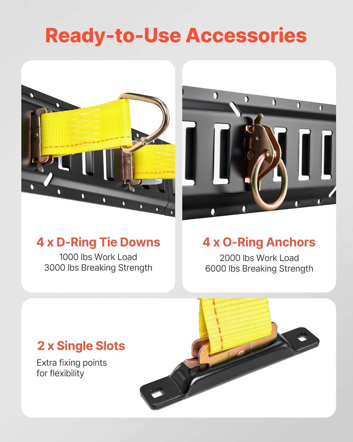 image:imageVEVOR ETrack TieDown Rail Kit 4 Pack 16 Etracks Rails with 21Pcs Accessories 2 Ratchet Straps amp 4 ORings amp 4 TieOffs with DRing amp 2 Single Slots amp 8 End Caps amp 1 Bag for Garages Trailers21 PACK