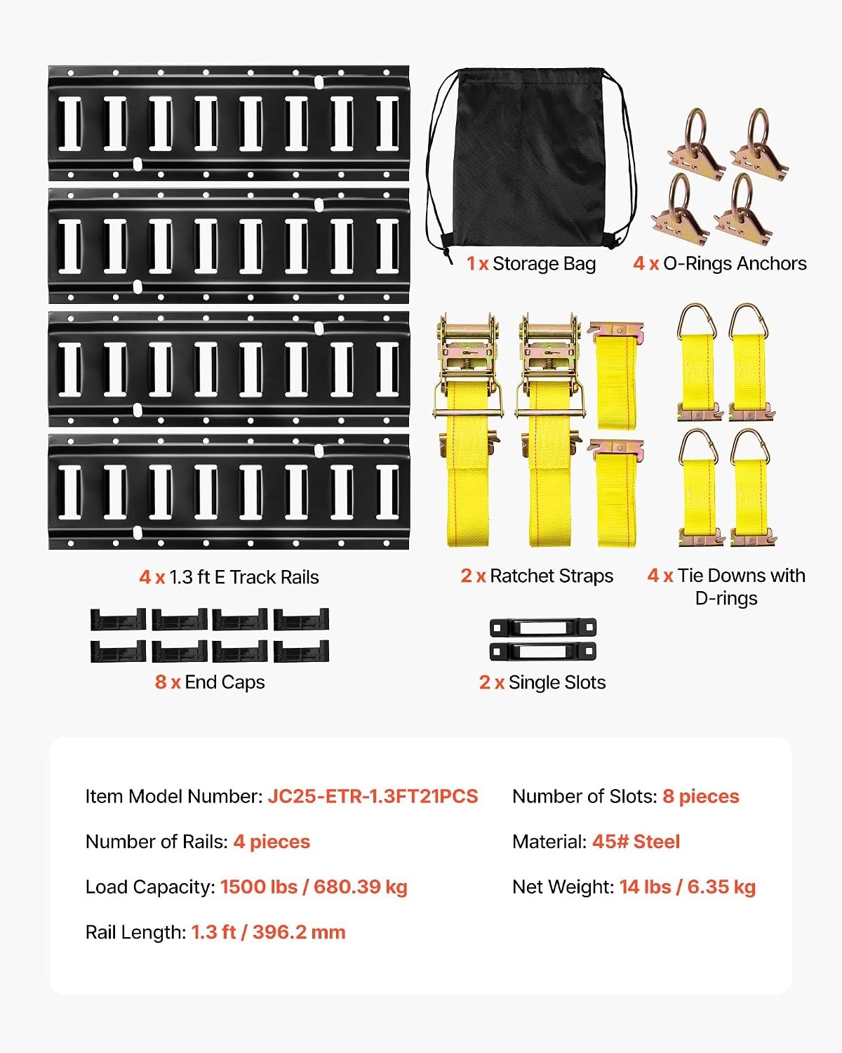 image:imageVEVOR ETrack TieDown Rail Kit 4 Pack 16 Etracks Rails with 21Pcs Accessories 2 Ratchet Straps amp 4 ORings amp 4 TieOffs with DRing amp 2 Single Slots amp 8 End Caps amp 1 Bag for Garages Trailers21 PACK