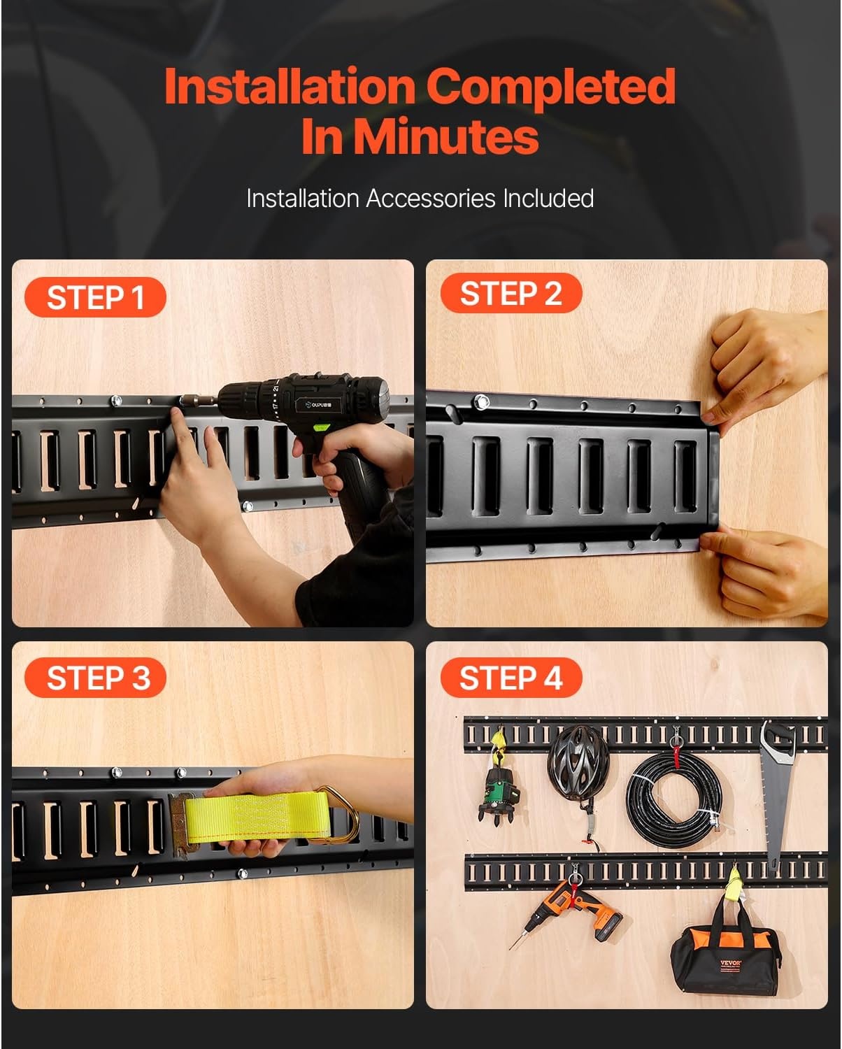 image:imageVEVOR ETrack TieDown Rail Kit 4 Pack 2 ft E Track Rails 20 Pcs Includes 2 Ratchet Straps amp 4 ORings amp 4 TieOffs with DRing amp 2 Single Slots amp 8 End Caps Fit for Garages Vans Trailers5FT
