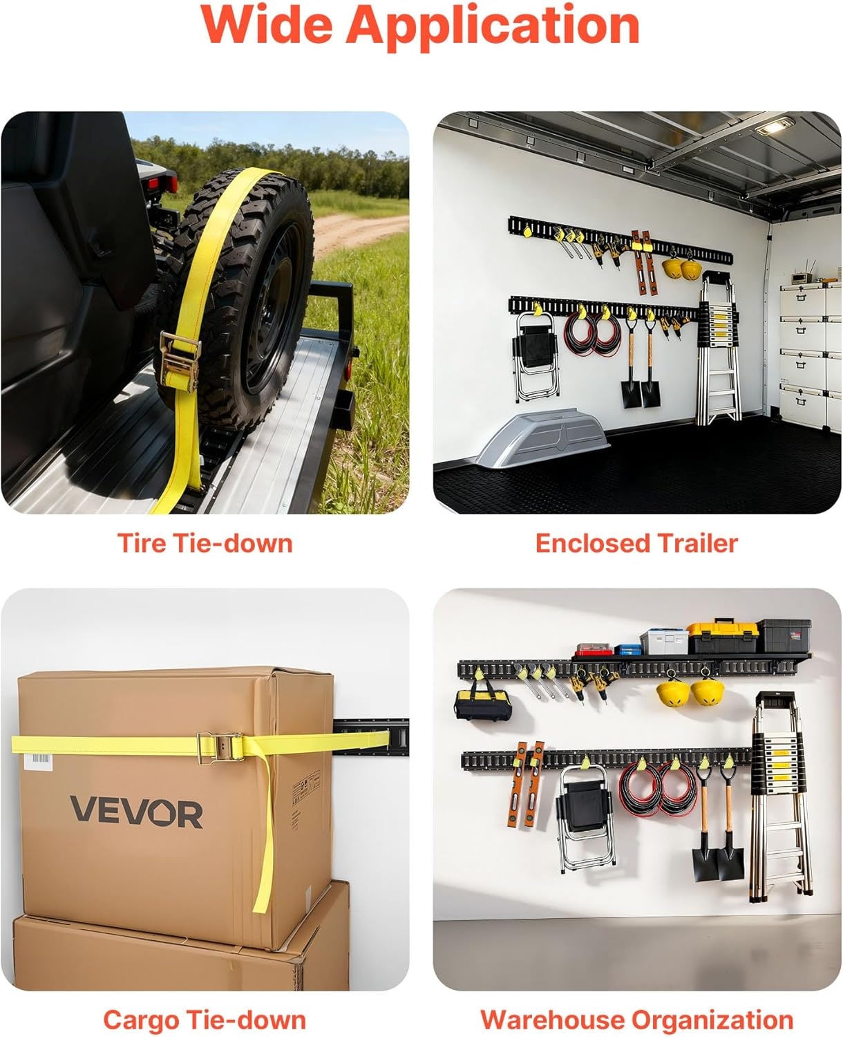 image:imageVEVOR ETrack TieDown Rail Kit 4 Pack 2 ft E Track Rails 20 Pcs Includes 2 Ratchet Straps amp 4 ORings amp 4 TieOffs with DRing amp 2 Single Slots amp 8 End Caps Fit for Garages Vans Trailers77FT