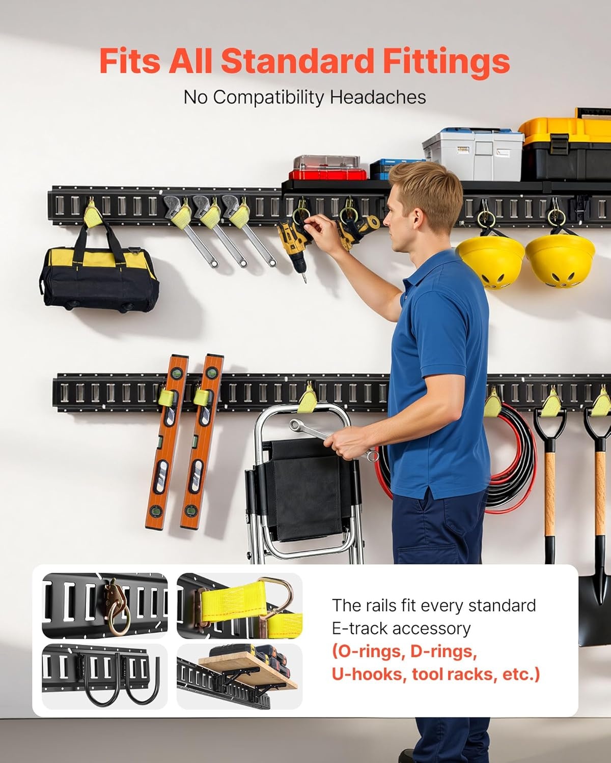 image:imageVEVOR ETrack TieDown Rail Kit 4 Pack 2 ft E Track Rails 20 Pcs Includes 2 Ratchet Straps amp 4 ORings amp 4 TieOffs with DRing amp 2 Single Slots amp 8 End Caps Fit for Garages Vans Trailers77FT