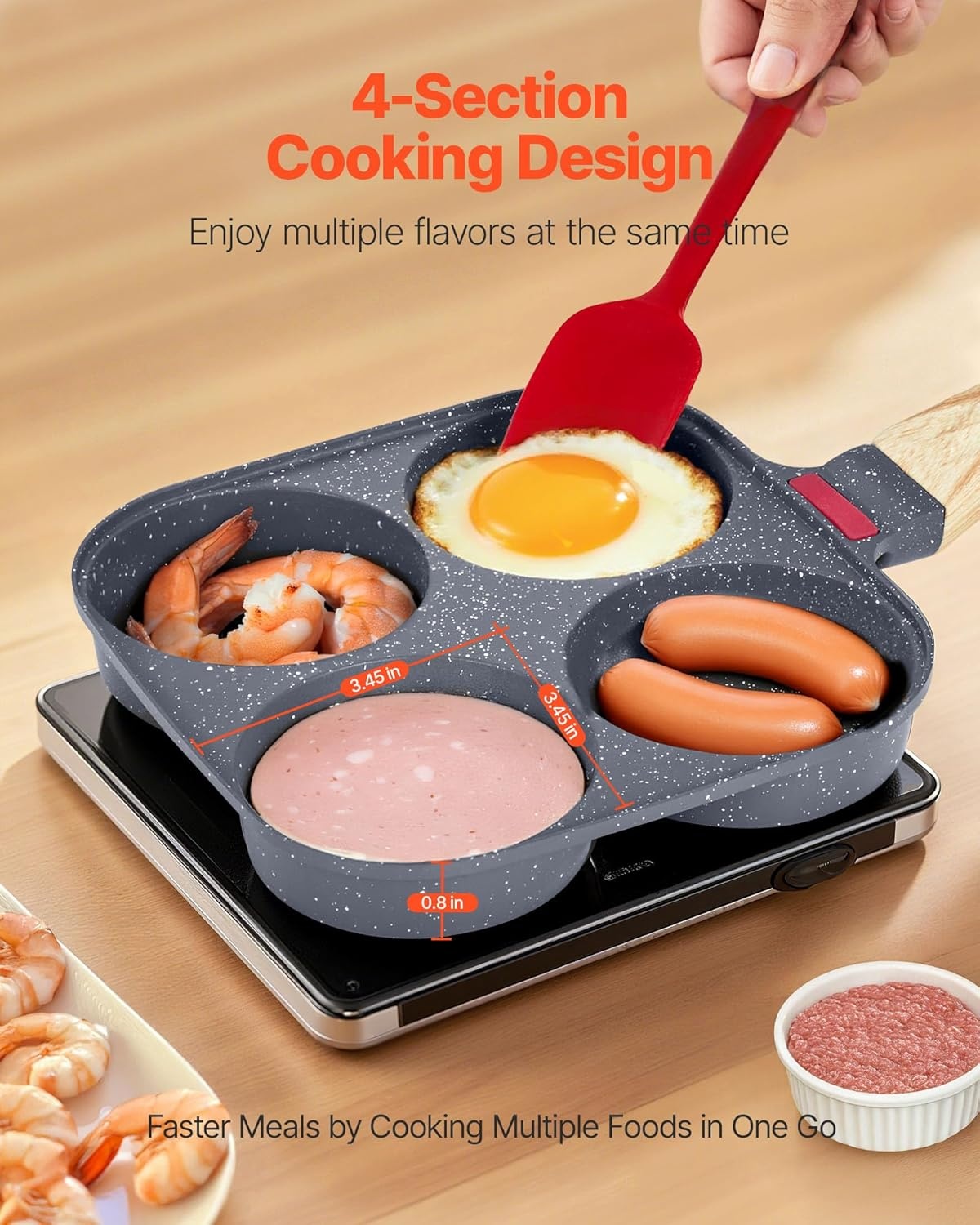 image:imageVEVOR Egg Pan 4Cup Nonstick Egg Frying Pan Aluminum Breakfast Omelette Skillet for Pancakes Hamburgers Sandwiches with Lid Oil Brush Scraper Compatible with Gas Stove amp Induction Cookware
