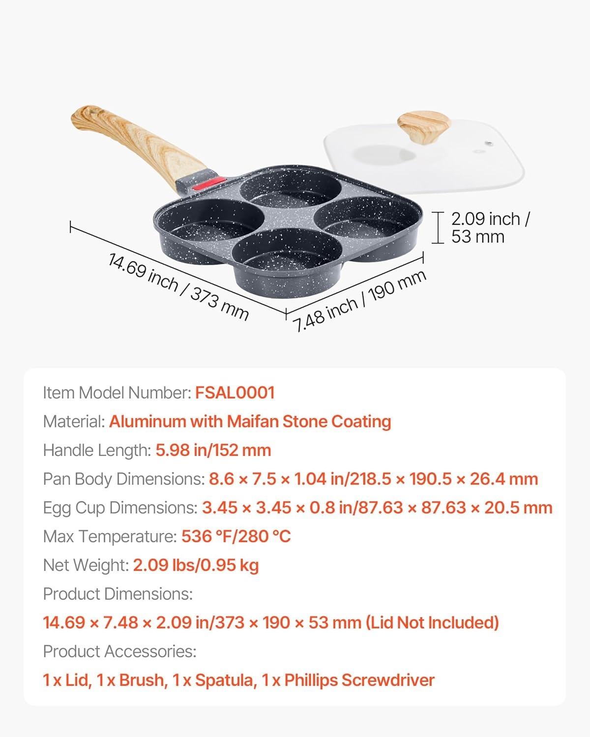 image:imageVEVOR Egg Pan 4Cup Nonstick Egg Frying Pan Aluminum Breakfast Omelette Skillet for Pancakes Hamburgers Sandwiches with Lid Oil Brush Scraper Compatible with Gas Stove amp Induction Cookware