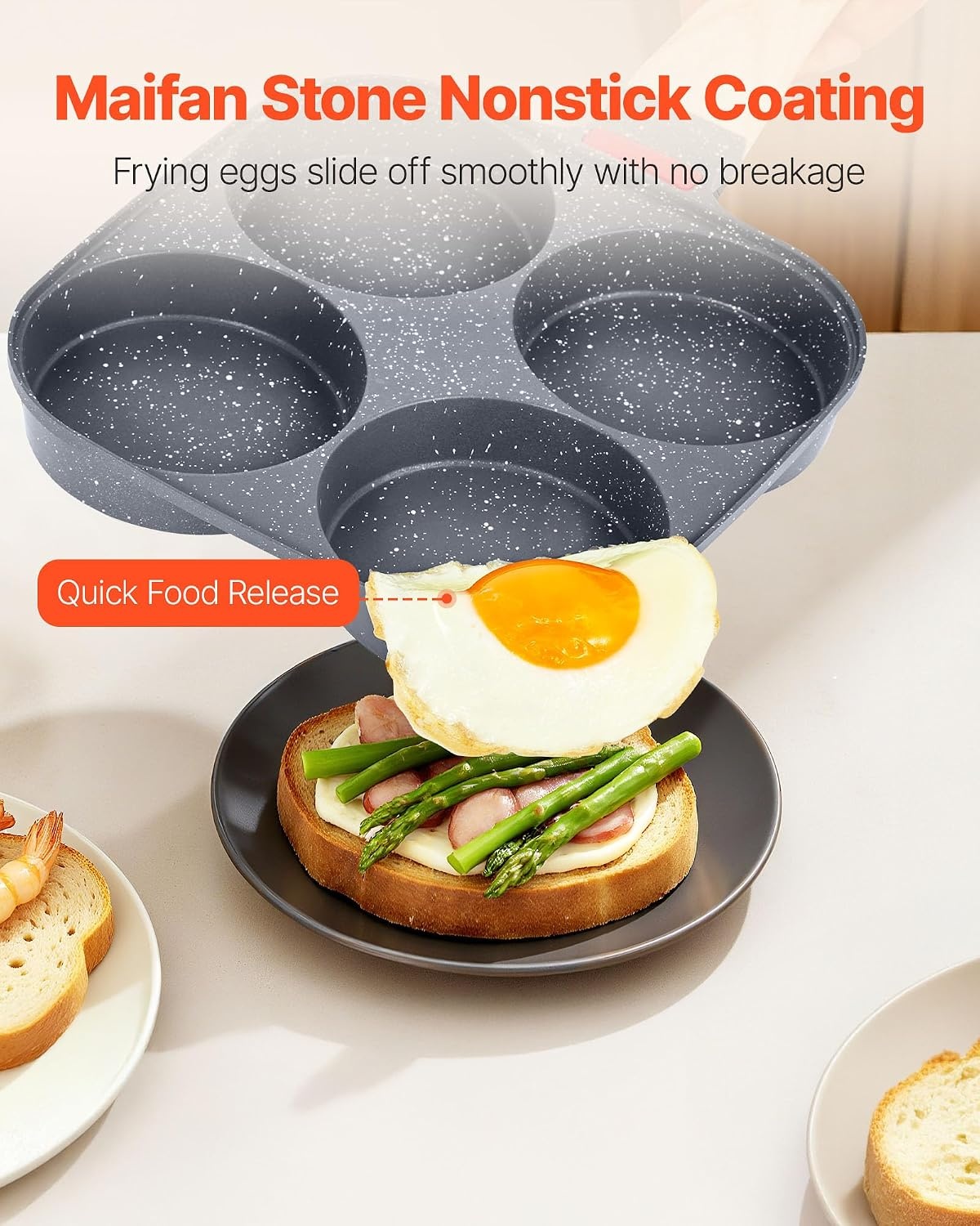 image:imageVEVOR Egg Pan 4Cup Nonstick Egg Frying Pan Aluminum Breakfast Omelette Skillet for Pancakes Hamburgers Sandwiches with Lid Oil Brush Scraper Compatible with Gas Stove amp Induction Cookware
