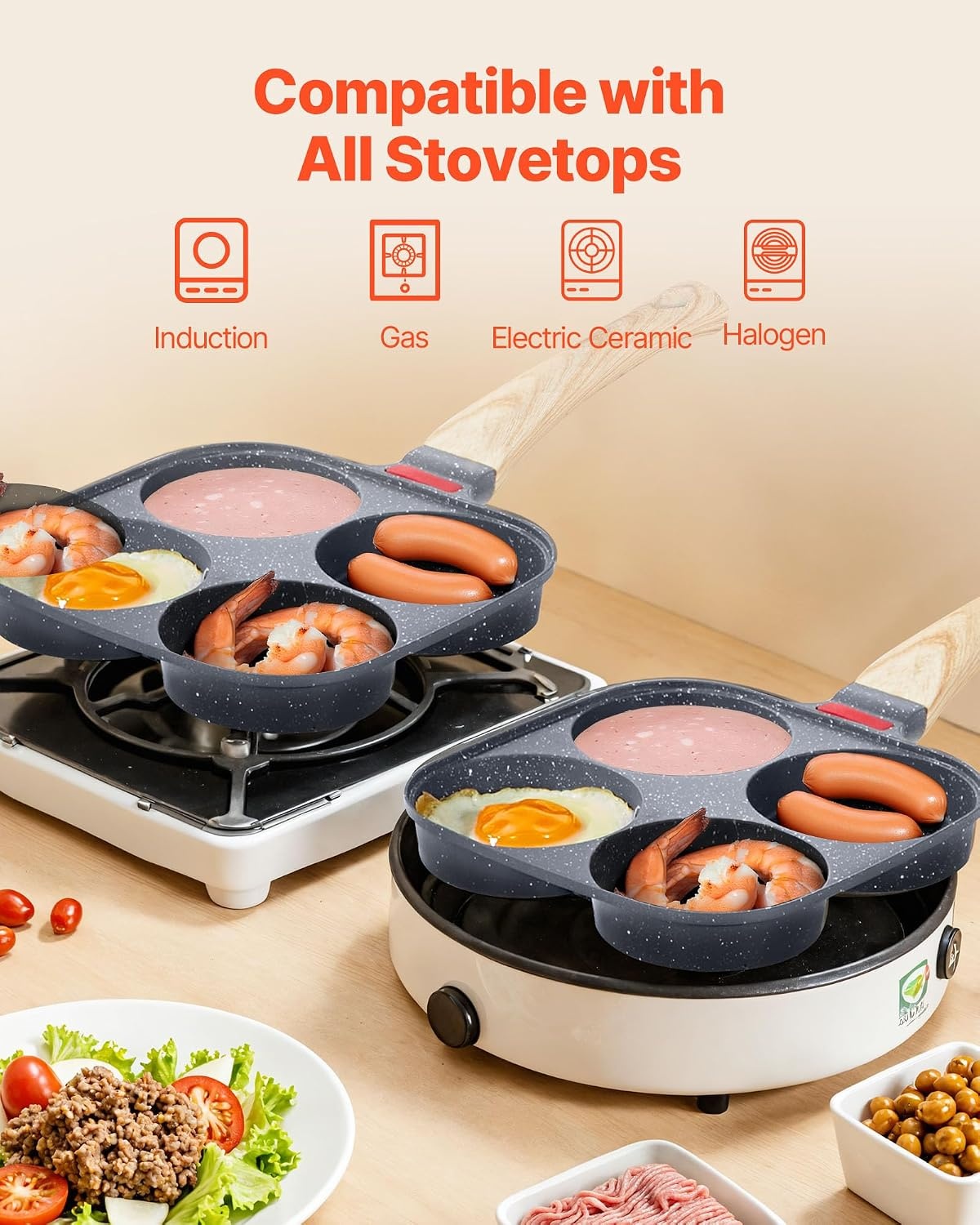 image:imageVEVOR Egg Pan 4Cup Nonstick Egg Frying Pan Aluminum Breakfast Omelette Skillet for Pancakes Hamburgers Sandwiches with Lid Oil Brush Scraper Compatible with Gas Stove amp Induction Cookware