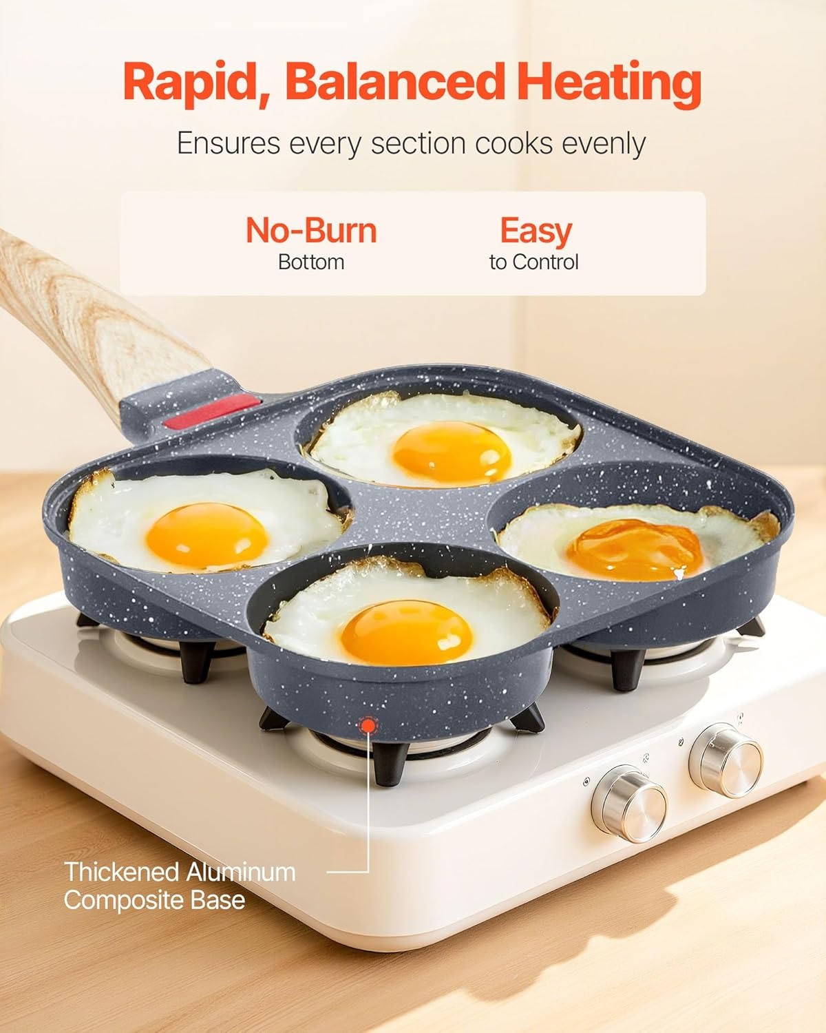 image:imageVEVOR Egg Pan 4Cup Nonstick Egg Frying Pan Aluminum Breakfast Omelette Skillet for Pancakes Hamburgers Sandwiches with Lid Oil Brush Scraper Compatible with Gas Stove amp Induction Cookware