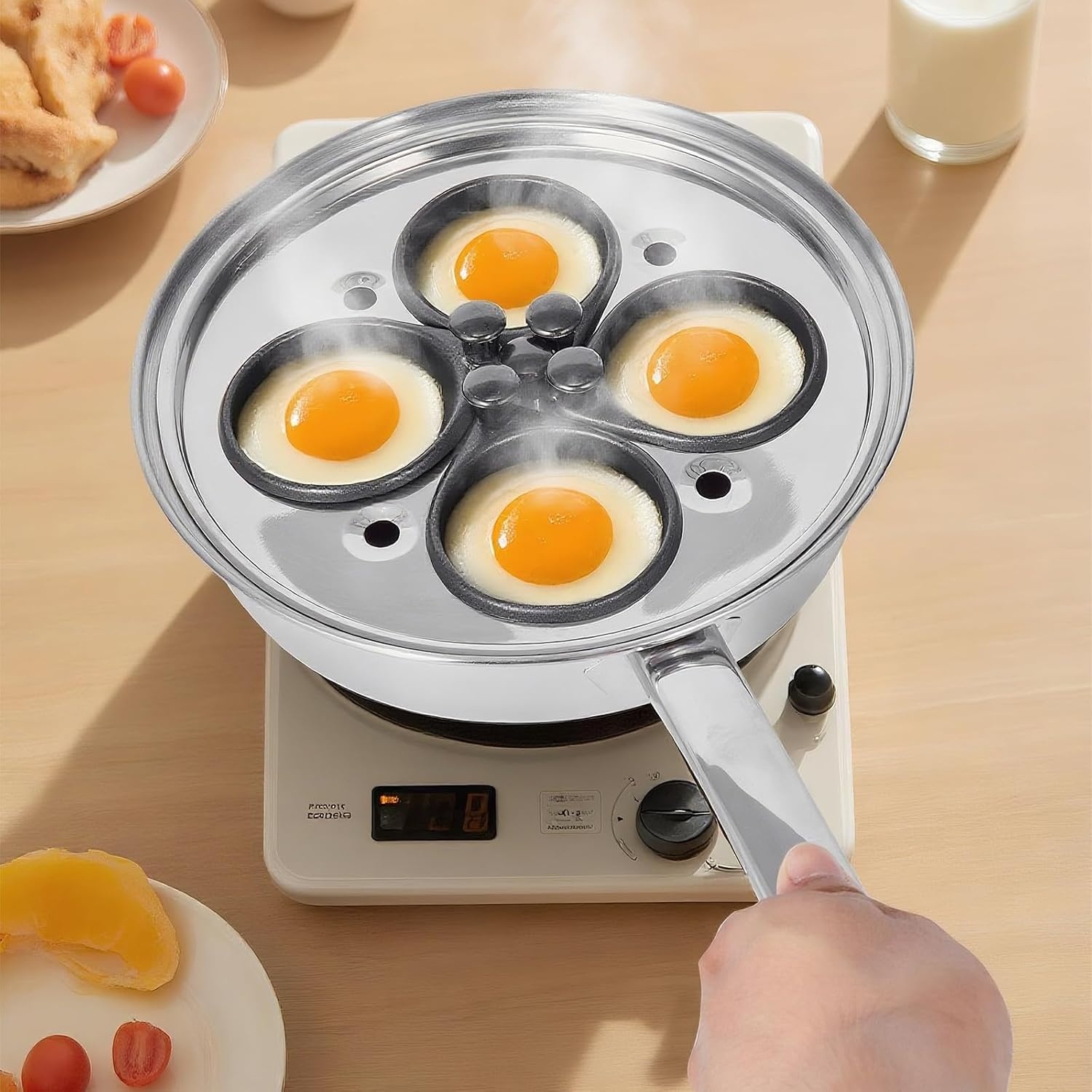 image:imageVEVOR Egg Poacher Pan 4Cup Poached Egg Maker Stainless Steel Poaching Pan and Frying Skillet with 4 Nonsitck Detachable Large Cups Lid and Silicone Spatula Compatible with Induction Stovetop