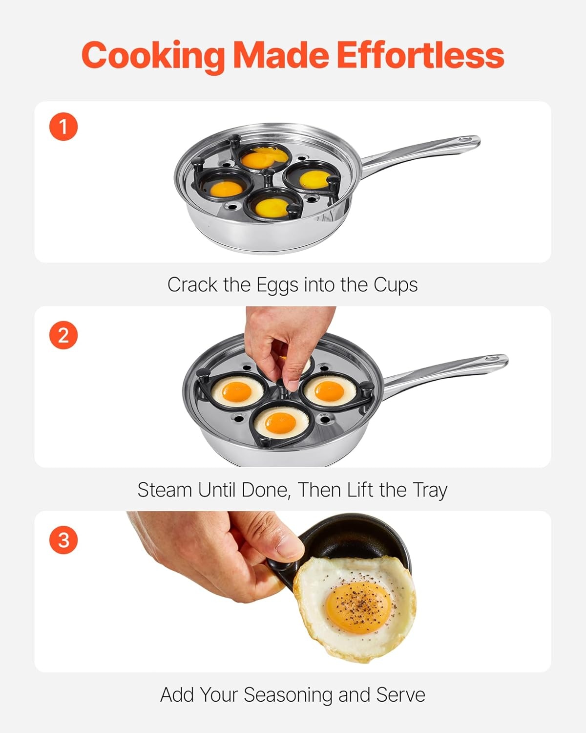 image:imageVEVOR Egg Poacher Pan 4Cup Poached Egg Maker Stainless Steel Poaching Pan and Frying Skillet with 4 Nonsitck Detachable Large Cups Lid and Silicone Spatula Compatible with Induction Stovetop