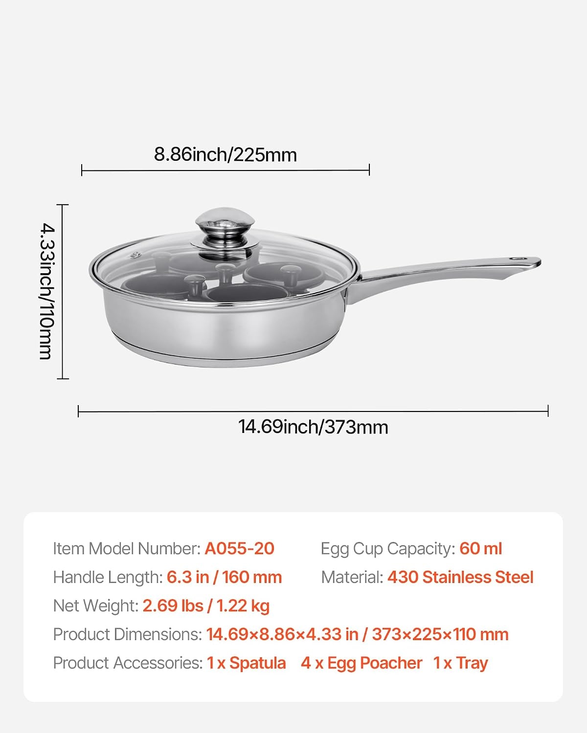 image:imageVEVOR Egg Poacher Pan 4Cup Poached Egg Maker Stainless Steel Poaching Pan and Frying Skillet with 4 Nonsitck Detachable Large Cups Lid and Silicone Spatula Compatible with Induction Stovetop